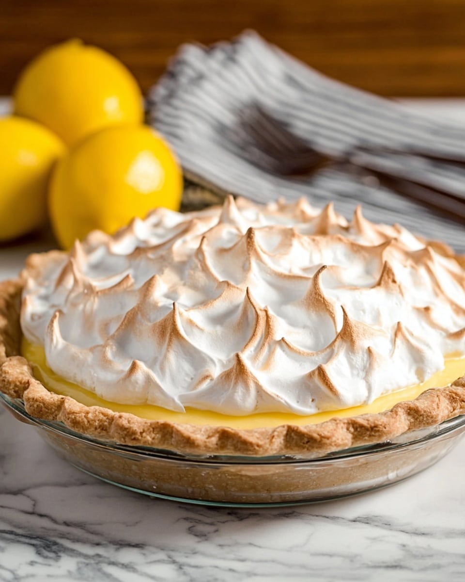 A lemon meringue pie in a clear glass pie dish sitting on a white marbled surface. The pie has three visible layers: the bottom layer is a light golden brown baked crust with crimped edges; above the crust is a smooth, bright yellow lemon filling; the top layer is thick white meringue with peaks that are lightly browned on the tips, giving a toasted look. In the background, there are two whole yellow lemons and a blurred striped cloth with forks. The lighting is warm and natural, highlighting the texture of the meringue. photo taken with an iphone --ar 4:5 --v 7
