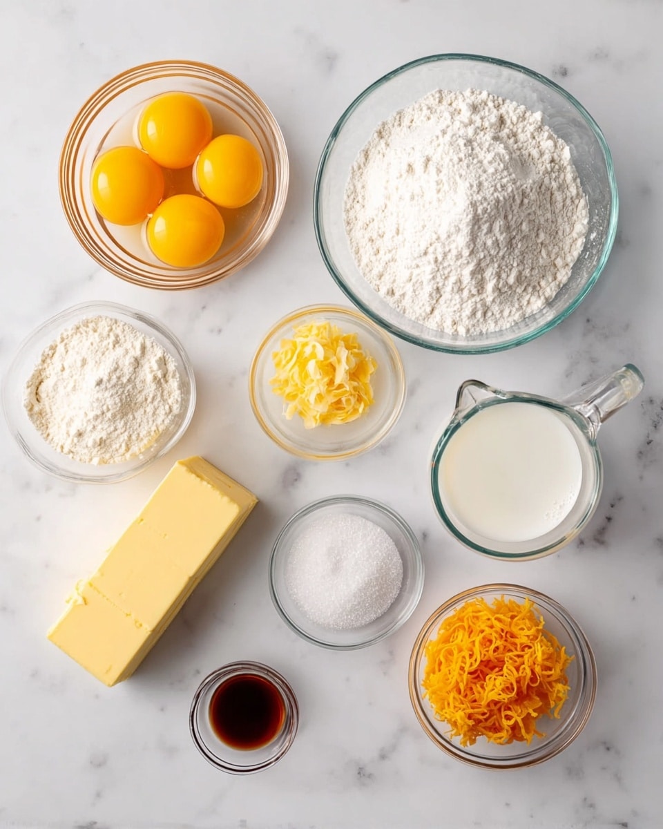 The image shows ingredients neatly arranged on a white marbled surface. There are four whole egg yolks in a small glass bowl with a clear yellow color, a larger glass bowl filled with white sugar, and a smaller glass bowl containing white flour. Two sticks of unsalted butter in yellow wrappers lay side by side, with a small glass bowl of milk in a clear measuring cup nearby. Next to them are small glass bowls holding white salt, baking powder, orange zest with a bright, shredded texture, a small white powdery ingredient, and a small bowl of dark vanilla extract. All items are placed with clear visibility and no stacking. Photo taken with an iphone --ar 4:5 --v 7