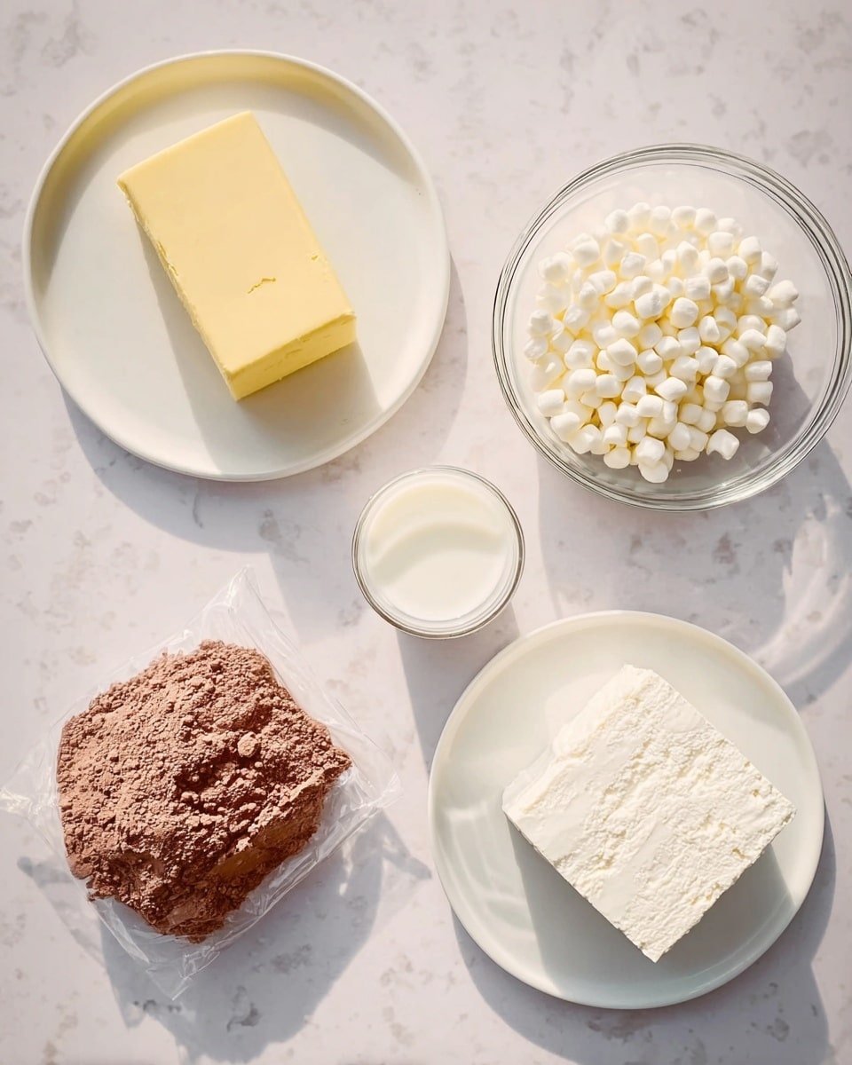 The image shows six ingredients placed on a white marbled surface arranged in a loose circle. At the top left, there is a white plate with a rectangular slab of yellow butter. In the middle sits a clear glass bowl filled with small round white balls resembling mini marshmallows. Just to the right of the bowl is a small white container holding a little milk. Below it is a clear empty glass bowl. At the bottom right, there is a white plate holding a thick white square layer, possibly cream cheese or tofu. Finally, at the bottom left is a clear plastic bag filled with light brown cocoa powder. The lighting is bright and natural. Photo taken with an iphone --ar 4:5 --v 7