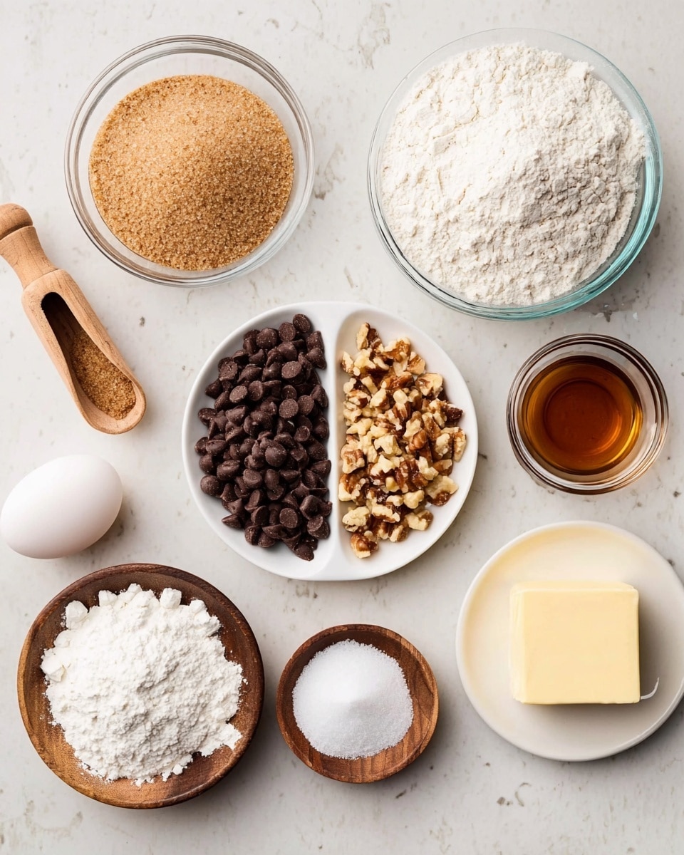 The image shows various baking ingredients arranged on a white marbled texture. At the center is a white plate divided into two halves, one filled with dark brown chocolate chips and the other with light brown chopped nuts. Around the plate, there is a glass bowl filled with light brown sugar, a wooden scoop holding white granulated sugar, a small glass bowl with amber-colored vanilla extract, a wooden bowl with a fine white powder (possibly salt), a larger wooden plate with three small white powder portions (likely baking soda, baking powder, and salt), a large glass bowl full of white flour, a stick of pale yellow butter on a white dish, and a single white egg. Photo taken with an iphone --ar 4:5 --v 7