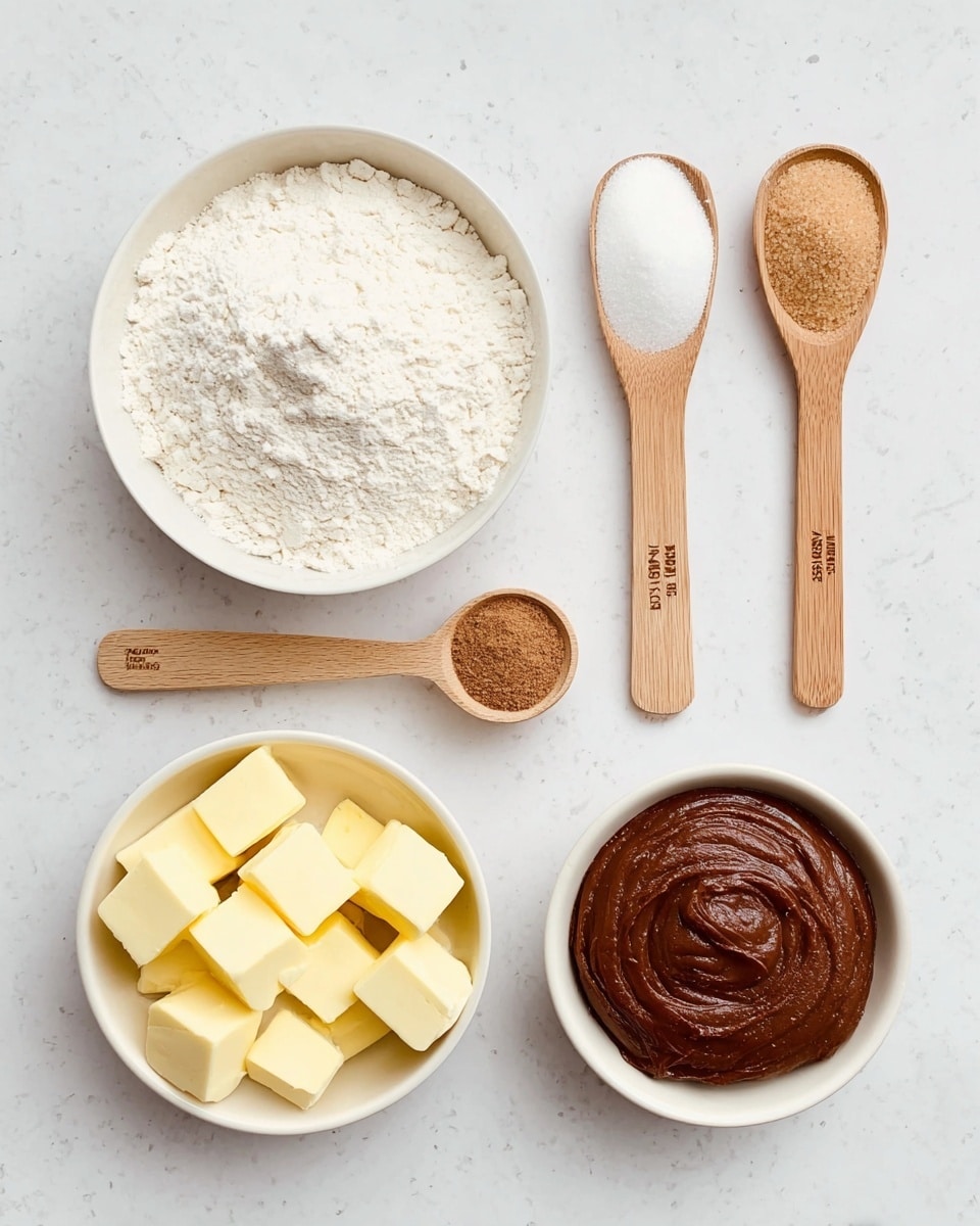 A collection of baking ingredients arranged neatly on a white marbled surface includes six containers: a large white bowl filled with fine white flour on the bottom left, a small white bowl with soft yellow butter cubes on the bottom right, a wooden ⅓ cup measuring scoop with light brown sugar on the top left, and a wooden ½ cup measuring scoop filled with white granulated sugar on the top right. Centered above the flour and butter are two small wooden spoons, the left one holds white salt and the right one a light brown powder, while above them is a small white bowl filled with rich dark brown paste with a smooth texture. photo taken with an iphone --ar 4:5 --v 7
