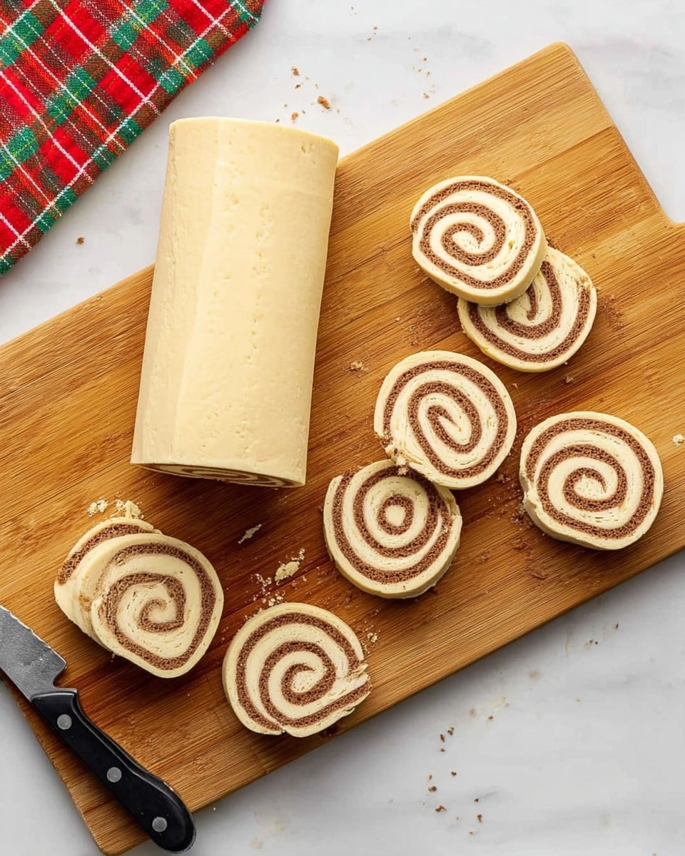 The image shows a wooden cutting board on a white marbled surface with a rolled dough log on the left side. The dough log is light beige with a thin, darker brown swirl inside. Several round slices have been cut from the log, revealing a spiral pattern with two layers: a smooth outer beige layer and a textured inner brown swirl layer. The slices are scattered on the right side of the board, with one separate slice placed on the white marbled surface. A knife with a black handle rests on the lower left corner of the cutting board, and a red, green, and white checkered cloth is in the top left corner. Photo taken with an iphone --ar 4:5 --v 7