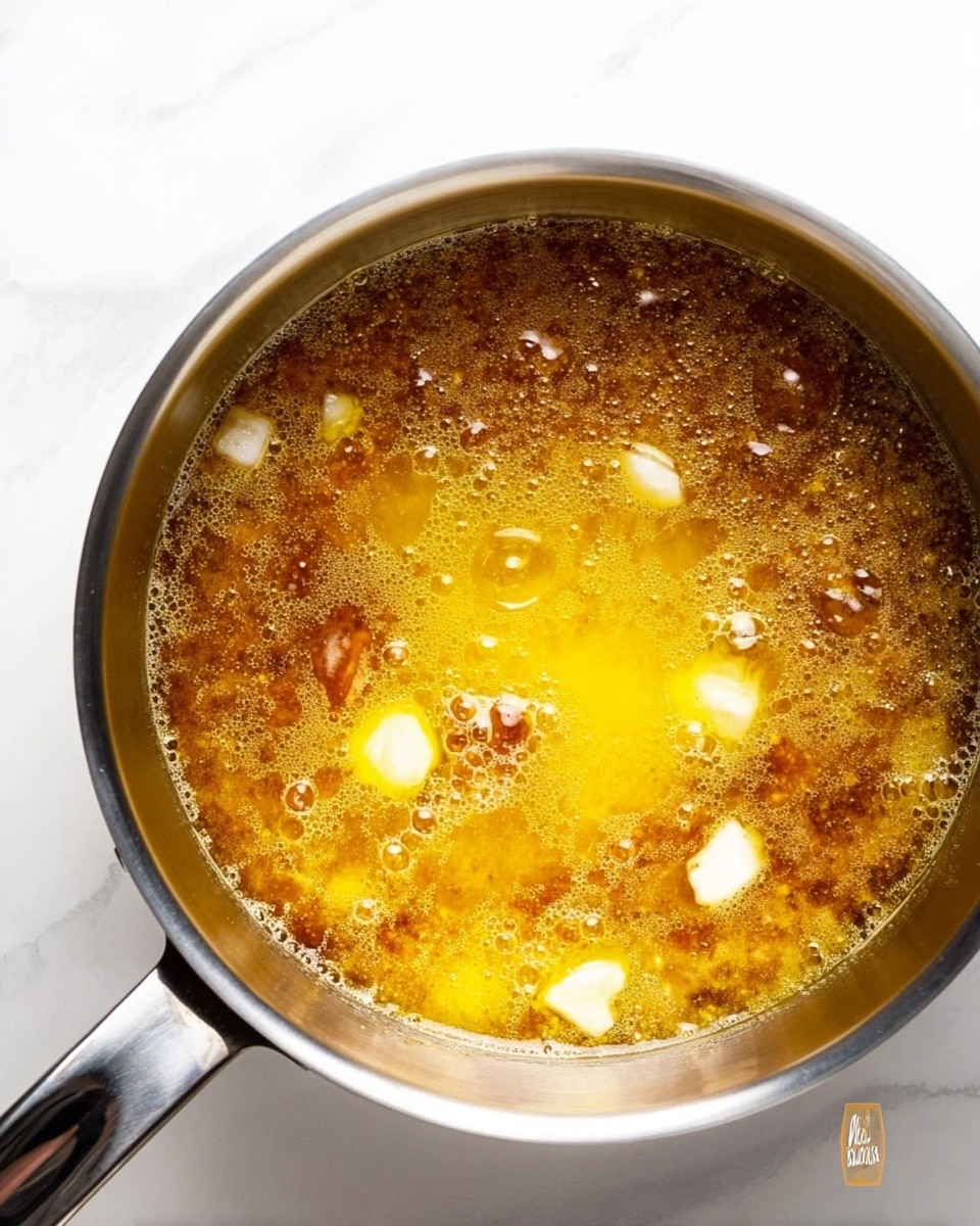 A close-up top view of a small silver saucepan filled with a bubbling golden-yellow liquid that has several small white chunks and some brown bits floating in it. The pan is placed on a white marbled surface, and the handle of the saucepan extends out of the frame on the left side. The liquid shows different textures, from smooth glossy areas to foamy bubbles around the edges, giving a warm and rich appearance. Photo taken with an iphone --ar 4:5 --v 7