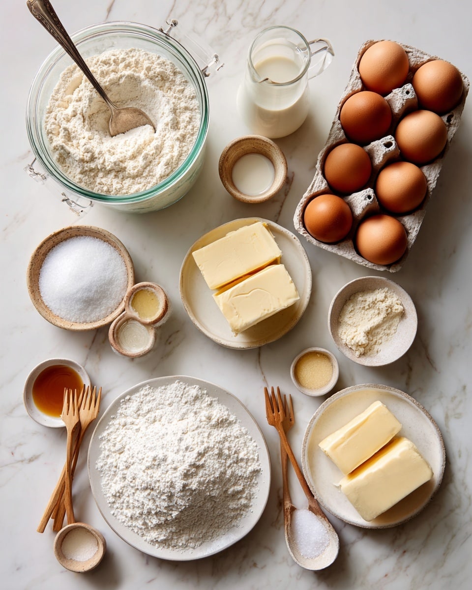 The image shows baking ingredients arranged neatly on a white marbled surface. There is a large clear jar filled with flour on the top left corner, with a spoon inside. Nearby, a small clear glass jug holds milk. To the right, a white tray holds a dozen brown eggs. At the bottom left, a white plate is heaped with powdered sugar. A small bowl with white sugar and a small wooden fork is next to the flour jar. Two sticks of butter rest side by side on another white plate near the bottom center. Around the ingredients are a few tiny jars with liquids and small bowls with salt and other powders, each with a small wooden fork. The scene is warm and organized. photo taken with an iphone --ar 4:5 --v 7