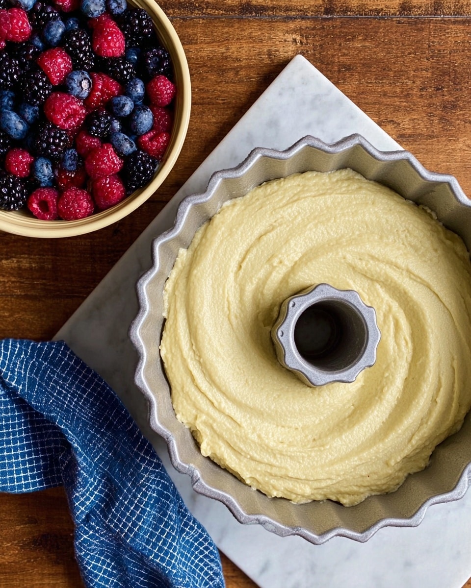 The image shows a close-up top view of a light yellow cake batter spread smoothly inside a silver Bundt pan, which has a fluted edge and a hollow center tube. The batter is thick and creamy with a few soft swirls on the surface. Next to the pan, there is a beige bowl filled with fresh mixed berries like blackberries, blueberries, and raspberries, adding a pop of deep red, blue, and black colors. A blue cloth with a white grid pattern is placed near the bowl on a wooden surface. The whole scene is set on a white marbled texture. photo taken with an iphone --ar 4:5 --v 7