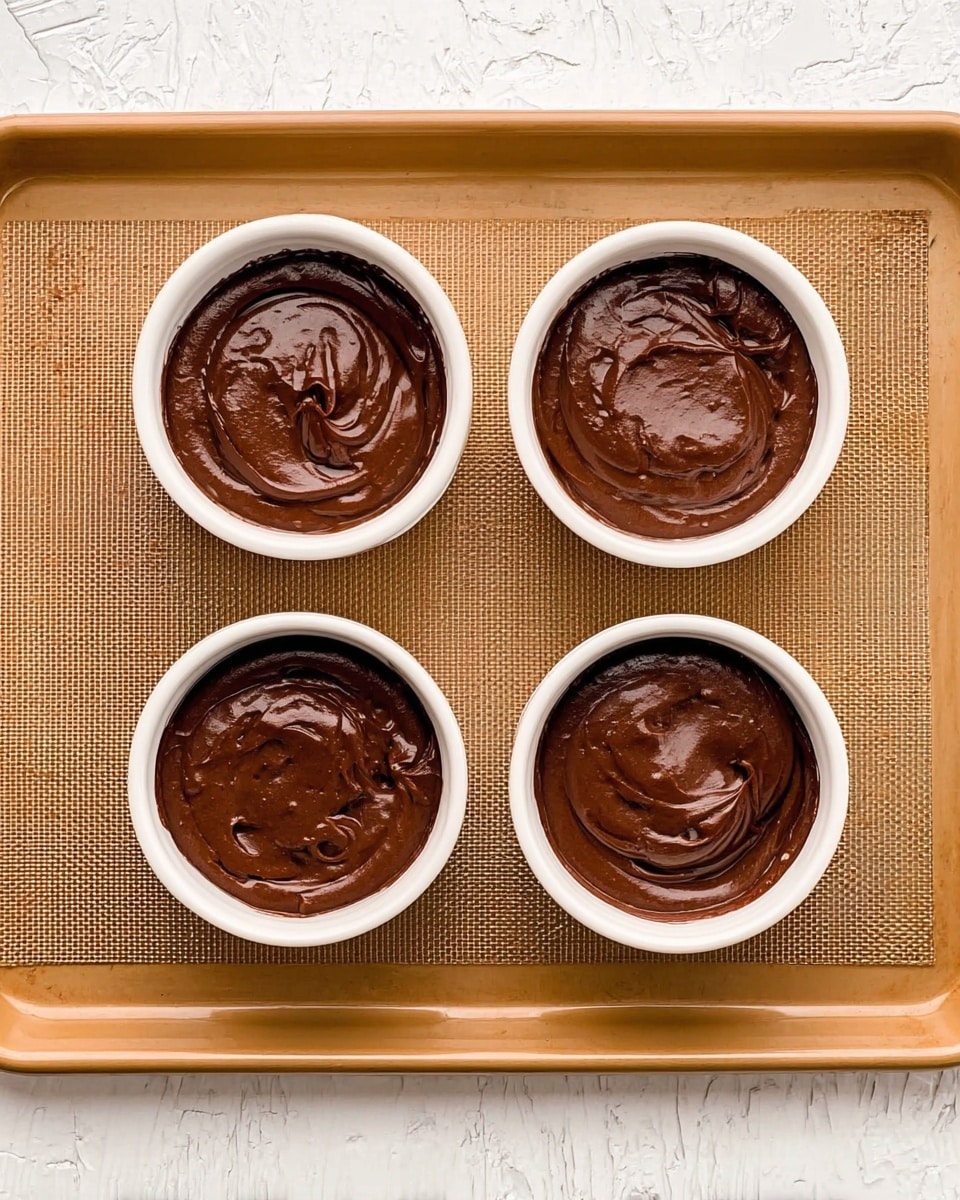 Four white ramekins sit on a light brown textured baking tray, each filled with smooth, thick chocolate batter. The rich dark brown batter shows slight swirls and glossy tops, with some gentle ripples creating a creamy look. The ramekins are evenly spaced in a square arrangement on the tray. The tray sits on a background with a white marbled texture. photo taken with an iphone --ar 4:5 --v 7