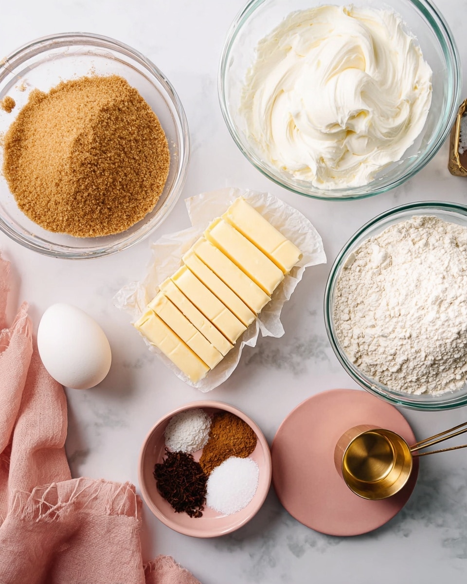 The image shows a white marbled surface with various baking ingredients arranged neatly. At the center is a stick of butter partially wrapped in paper and sliced into even pieces. To the left, there is a clear glass bowl filled with light brown sugar, and below it, another clear bowl holds smooth white cream. At the top right, a large clear glass bowl contains white flour. A small white bowl nearby has divided sections of brown, white, and dark brown spices. In the middle right, a single white egg rests on a small round blush pink holder. Near the bottom right, there is a small brass measuring cup, and the whole scene is accented by a soft pink cloth on the lower left side. photo taken with an iphone --ar 4:5 --v 7