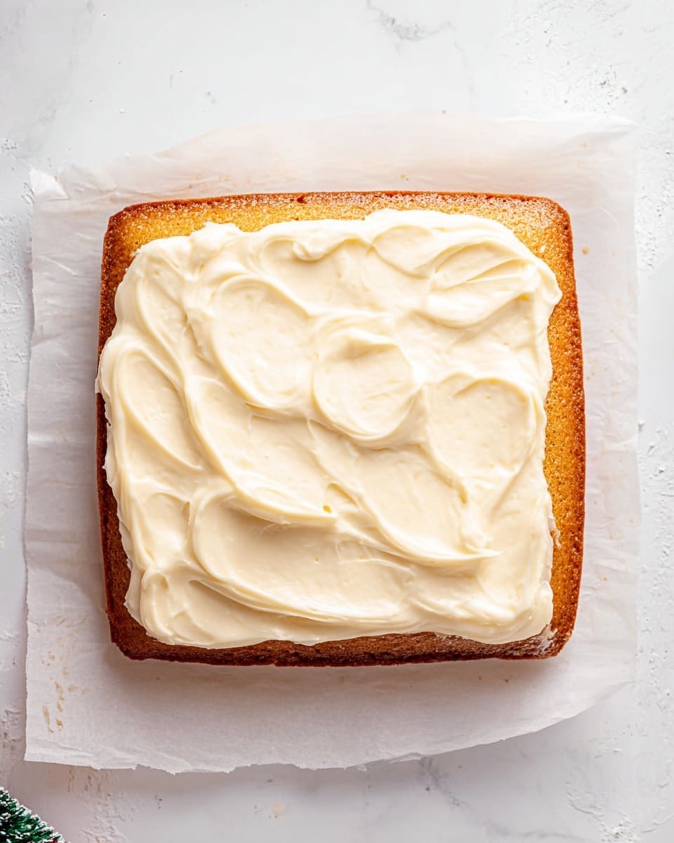 A square-shaped cake sits in the center on white parchment paper placed over a white marbled surface. The cake has a golden-brown color with a smooth but slightly textured top layer. About half the cake is covered with a thick, creamy layer of white frosting that looks soft and glossy with gentle swirls and peaks. The frosting covers the right and upper parts of the cake, leaving a bit of the golden-brown cake visible on the edges and the lower left corner. Photo taken with an iphone --ar 4:5 --v 7