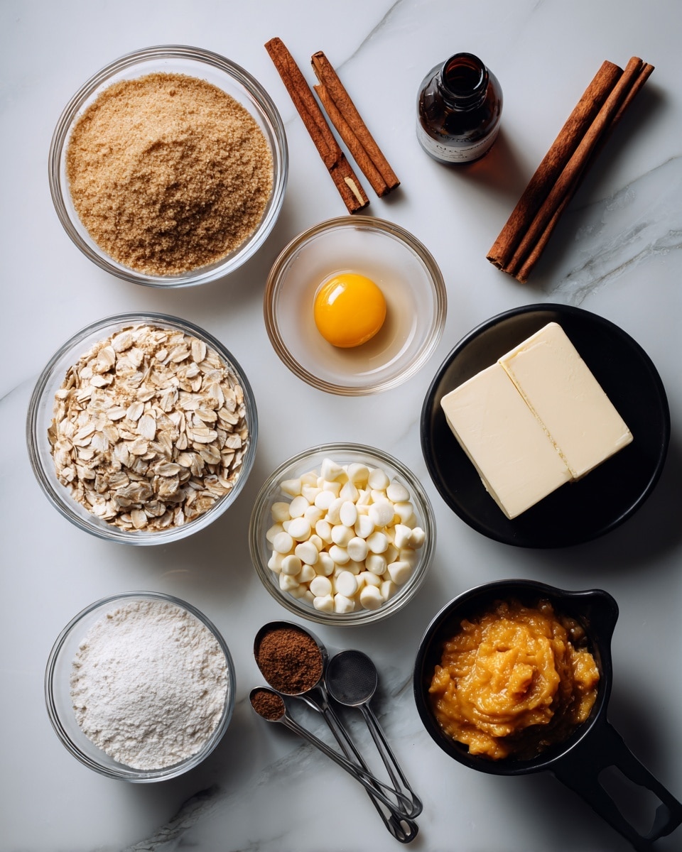 The image shows several clear glass bowls and measuring spoons arranged on a white marbled surface. There are four cinnamon sticks placed diagonally in different spots. In the top row, from left to right, there is a bowl of light brown sugar, a small bowl with a single raw egg yolk, and a small dark bottle with a black cap next to metal measuring spoons. Below these, a bowl of rolled oats sits to the left, next to a bowl of white granulated sugar. In the center, a small bowl contains white powder ingredients with some brown powder on top. At the bottom center, a bowl full of white chocolate chips is placed next to a stick of pale yellow butter. To the right, a black measuring cup holds bright orange pumpkin puree. The lighting is bright and soft, showing clear textures of each ingredient. photo taken with an iphone --ar 4:5 --v 7