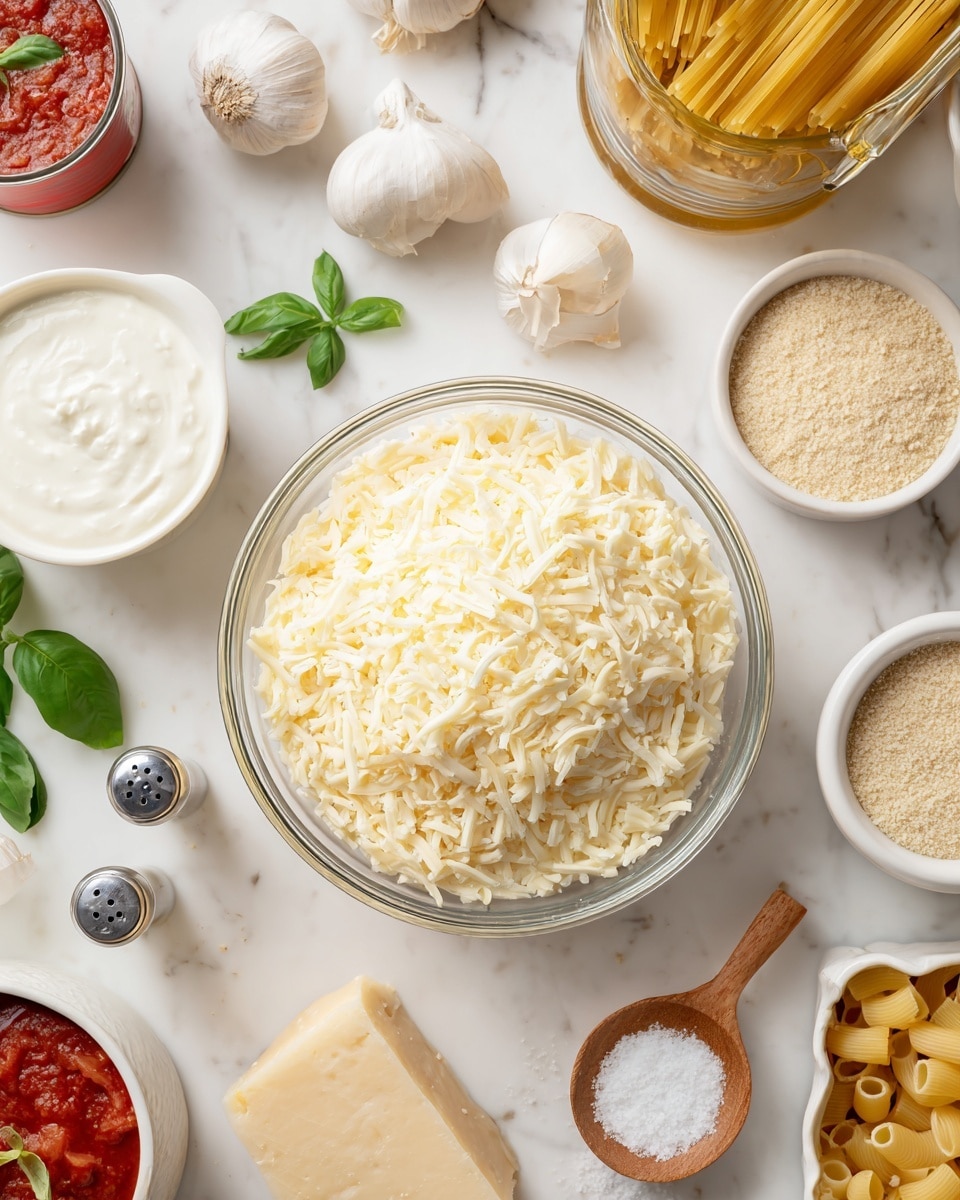 The image shows many cooking ingredients arranged neatly on a white marbled surface. In the center, there is a clear glass bowl filled with a large pile of light yellow shredded cheese. Around it, there is a white bowl of thick white cream to the left, two whole garlic bulbs above the cream, a white bowl filled with fine beige breadcrumbs to the right, and a small white bowl with white granulated salt and a tiny wooden spoon next to the breadcrumbs. In the top right corner, a white bowl holds dry yellow pasta tubes. To the left of the pasta, there are a few fresh green basil leaves. On the far left, an open red can of tomatoes is visible along with a block of hard yellow cheese and some grated cheese bits nearby. A glass jar from the top left corner fades into view, and there is also a small olive oil bottle on the top right side. Two small silver salt and pepper shakers sit near the top center. The scene is bright with a clean, fresh look. Photo taken with an iphone --ar 4:5 --v 7