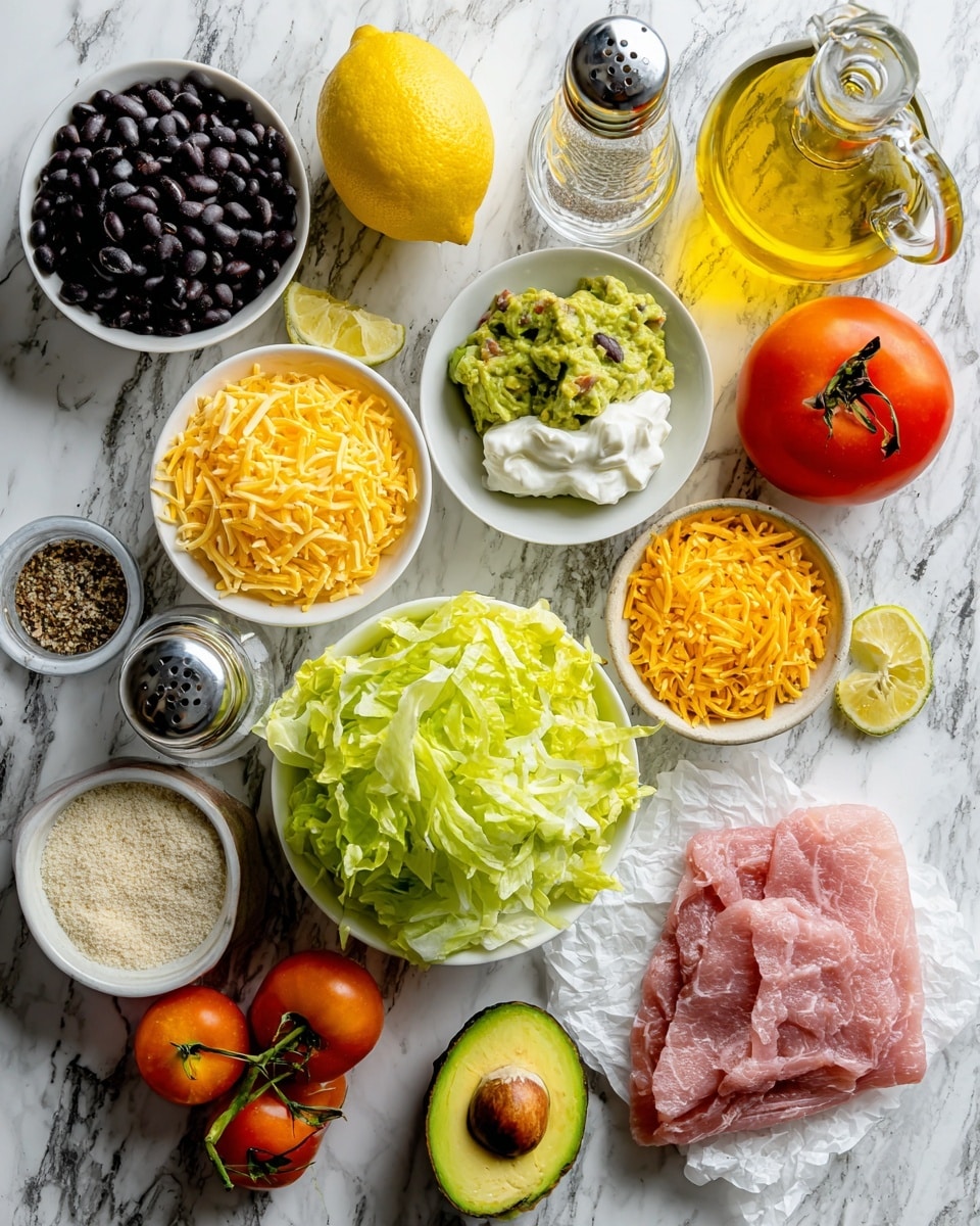 The image shows a top view of various food ingredients arranged on a white marbled surface. There are small white bowls containing black beans, shredded yellow cheese, shredded orange rice, flour, lettuce leaves, fresh guacamole with bits of tomato, sour cream, and seasoning. An uncut red tomato and half a cut avocado with the seed still inside sit beside a piece of raw pink meat placed on white paper. A yellow lemon and a glass bottle of olive oil with a poured spout are also visible. Two clear glass shakers with silver lids stand side by side near the tomato. The setting is bright with the colors of fresh ingredients contrasting against the white marbled surface. photo taken with an iphone --ar 4:5 --v 7