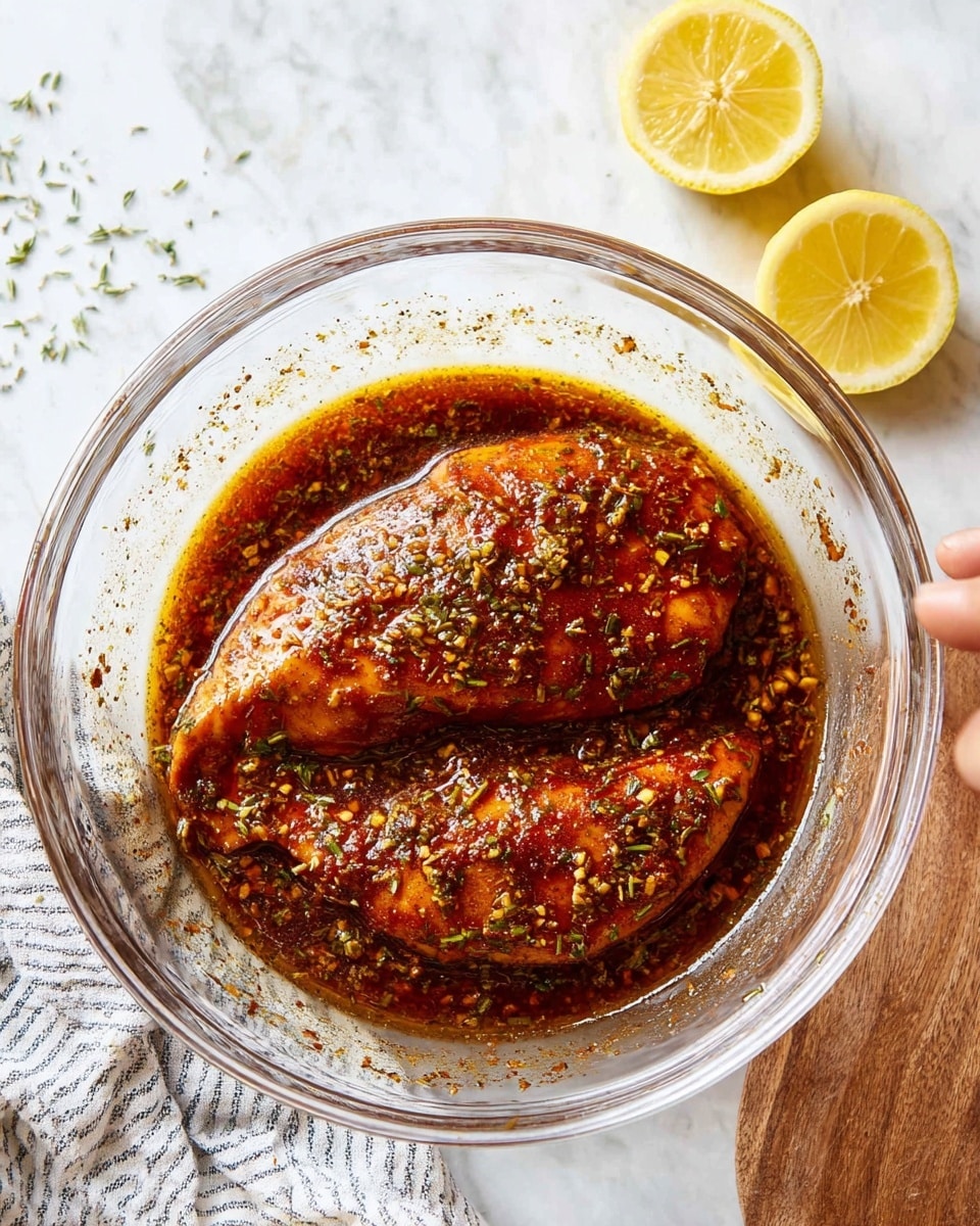A clear glass bowl sits on a white marbled textured surface, holding two pieces of chicken soaked in a dark brown marinade filled with visible herbs and spices. The chicken is coated evenly, showcasing a glossy texture and a rich reddish-brown color. Around the bowl, two bright yellow lemon halves lay on the surface, along with small green herb bits scattered subtly. A woman's hand with a striped cloth nearby gently reaches toward the bowl. Photo taken with an iphone --ar 4:5 --v 7