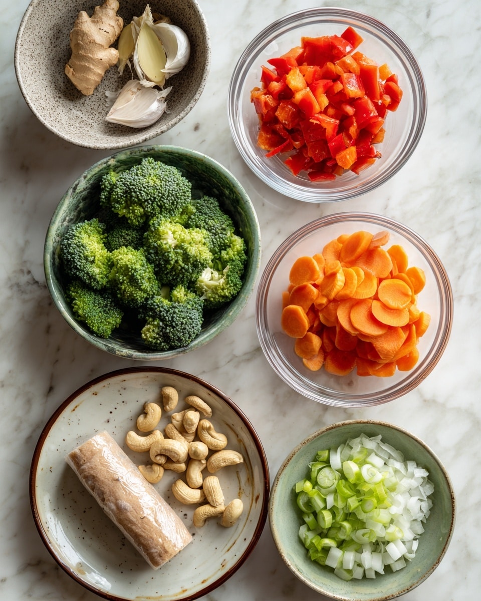 The image shows seven bowls and one plate arranged on a white marbled surface, each containing a different ingredient. At the top left, there is a small speckled bowl with light tan garlic cloves and a piece of ginger root. To the right, a clear round bowl is filled with chopped bright red bell pepper pieces. Below it, a clear bowl holds orange sliced carrots arranged in overlapping layers. Next to the carrots, a clear bowl is full of dark green broccoli florets with textured surfaces. To the left, a white plate with a brown rim contains sliced green onions that are bright and fresh. Below this, a clear bowl holds light brown cashew nuts. A clear bowl at the bottom right contains chopped white onion pieces. Lastly, at the bottom left, a speckled white plate holds a single cylinder of smooth pale ground turkey or turkey sausage. All the bowls and plates are neatly arranged with clean, fresh colors. photo taken with an iphone --ar 4:5 --v 7