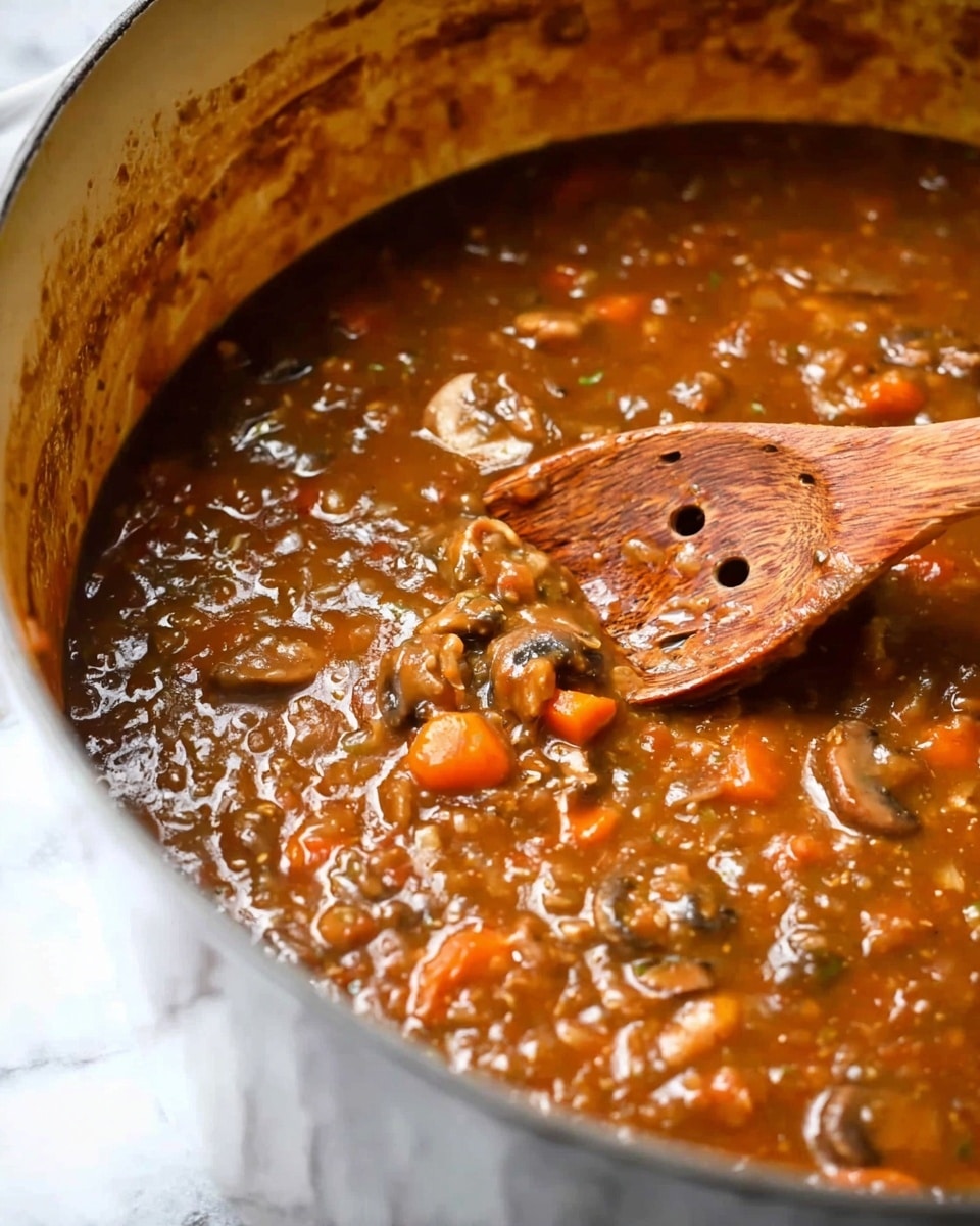 A close-up image showing thick brown stew with visible small chunks of orange carrots and pieces of mushrooms mixed evenly throughout. A wooden spoon with holes is partially dipped into the stew, showing the rich texture of the dish with a shiny, slightly liquid surface. The pot contains the stew with some splashes on the sides, and the background is a white marbled texture. Photo taken with an iphone --ar 4:5 --v 7