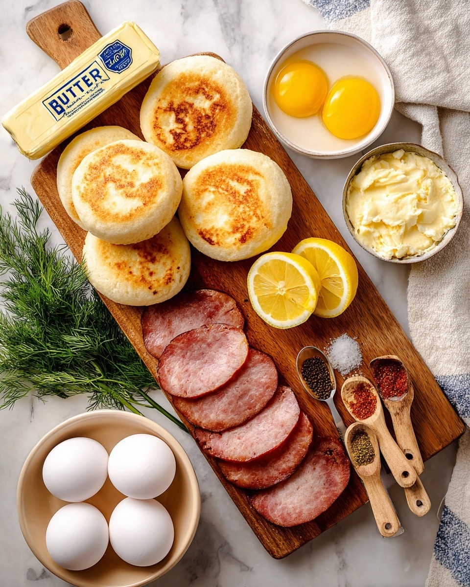 A wooden board on a white marbled surface holds four toasted English muffins with a golden brown crust arranged on the left side. To the right, eight slices of browned ham are stacked slightly overlapping, with some green dill sprigs scattered around. Above the ham, a small beige bowl contains four bright yellow egg yolks without whites. Below the board, a beige bowl contains eight white eggs. Nearby on the white marbled surface, there is a stick of butter wrapped in paper, two lemon halves with bright yellow flesh, and three measuring spoons with wooden handles holding salt, mustard, and red spice powder. A beige cloth with dark blue stripes is partially visible on the top right. photo taken with an iphone --ar 4:5 --v 7