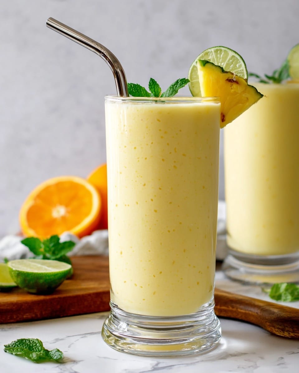 A tall clear glass mug filled with a smooth pale yellow smoothie. The top layer has a frothy texture with small bubbles. Garnished on the rim with a slice of bright yellow pineapple, a thin green lime wedge, and a few fresh green mint leaves. A metal straw is placed inside the mug. The mug is set on a white marbled surface with a small bunch of mint leaves next to it, along with a wooden board holding half a lime and an orange slice nearby. Another glass with the same smoothie is blurred in the background. Photo taken with an iphone --ar 4:5 --v 7
