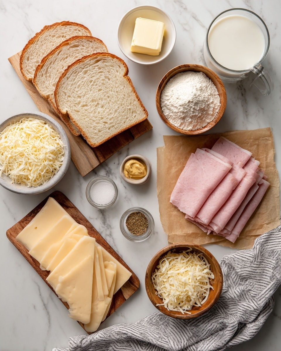 A top view of ingredients arranged on a white marbled surface, featuring slices of pale sourdough bread stacked on a wooden board, a small round bowl with a square piece of pale yellow butter, and a larger bowl filled with white milk. Near the bread, thin slices of light yellow gruyere cheese are neatly stacked, and a small bowl contains shredded gruyere cheese with a creamy color. On the top right, several slices of pink ham with browned edges rest on parchment paper. Other ingredients include a small bowl of coarse beige dijon mustard, a wooden bowl full of grated pale parmesan cheese, a small bowl of white flour, and a tiny dish of mixed spices. A striped cloth napkin is placed to the right side. Photo taken with an iphone --ar 4:5 --v 7
