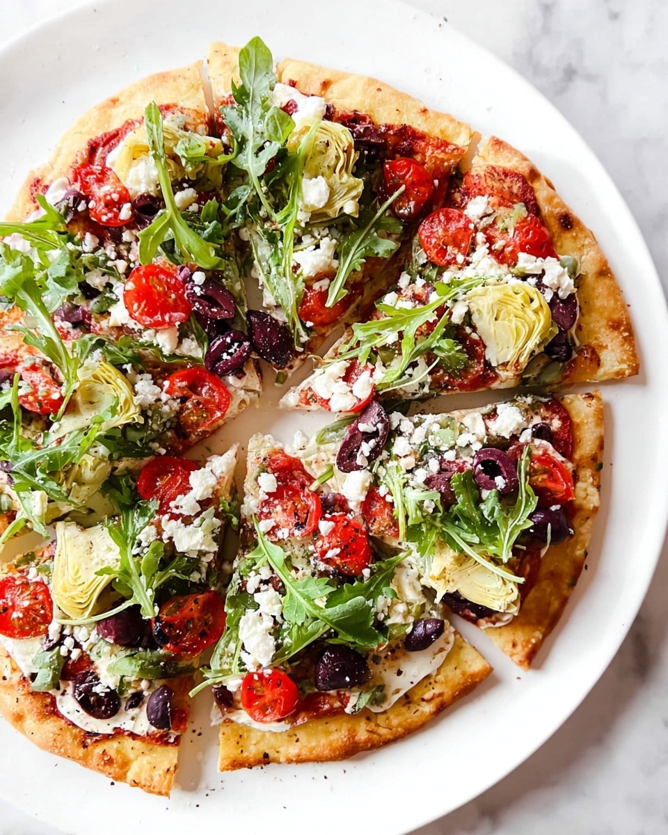 A white plate holds a pizza cut into six slices with a thick golden-brown crust around the edges. The first layer is a thin spread of red sauce on the dough, topped with a layer of creamy white cheese that looks soft and slightly crumbly. On top, there are bright red cherry tomato halves, dark purple black olives sliced in halves, and chunks of pale yellow artichoke hearts scattered evenly. Fresh green arugula leaves are placed generously over the top, adding a leafy texture. The toppings create a colorful mix with red, green, purple, and white contrasts on the pizza, all resting on the white marbled surface. photo taken with an iphone --ar 4:5 --v 7