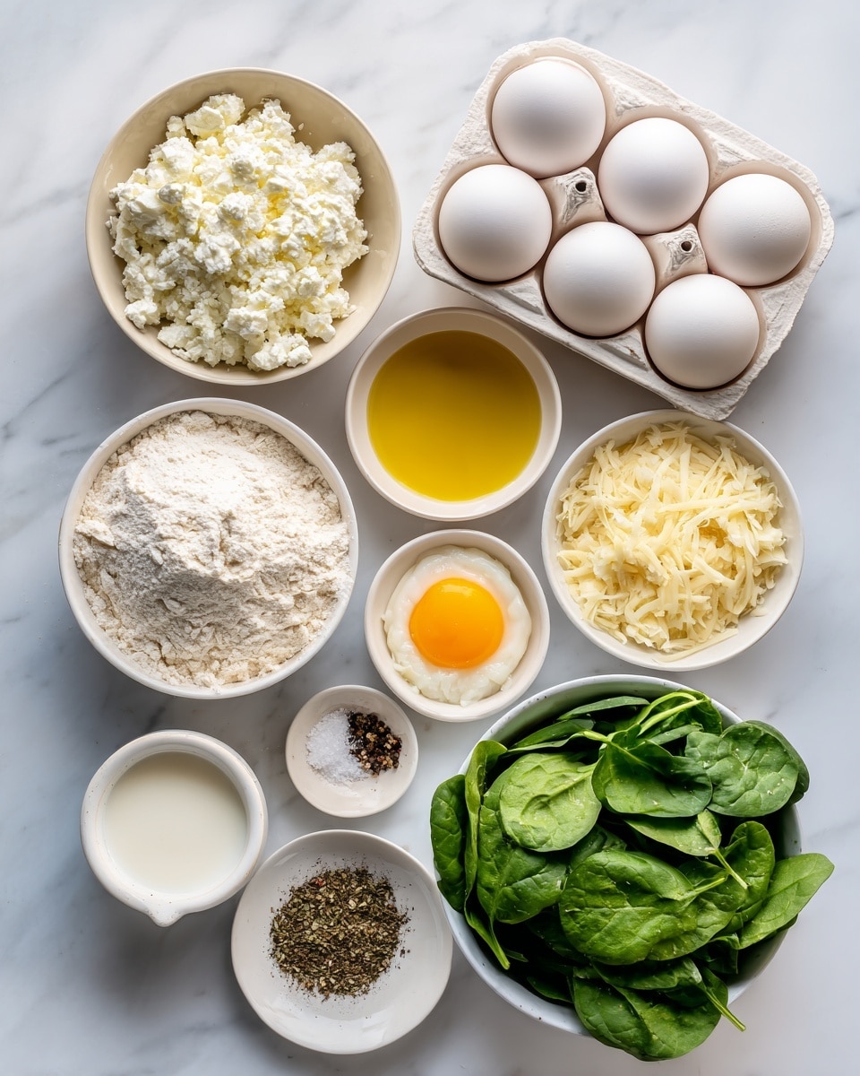 The image shows an overhead view of various white bowls and a white egg carton arranged neatly on a white marbled surface. Starting from the top left, there is a white bowl filled with chunky white feta cheese pieces. To its right, a white egg carton holds four large white eggs. Below the feta, a white bowl contains small diced white onion pieces. Centered just below the eggs is a tiny white dish with finely mashed yellow garlic. To the right of the garlic dish is a white bowl filled with bright golden extra virgin olive oil. Below the olive oil bowl is a white bowl with light yellow grated parmesan cheese. To the left of the parmesan is a white bowl filled with a heap of white Bisquick flour. To the left of the Bisquick is a small white dish containing three piles of seasonings: black pepper, salt, and dried oregano. Below the seasonings, a white bowl is filled with white whole milk. At the bottom right corner is a white bowl filled with fresh green baby spinach leaves. All the items are arranged cleanly and spaced evenly. Photo taken with an iphone --ar 4:5 --v 7