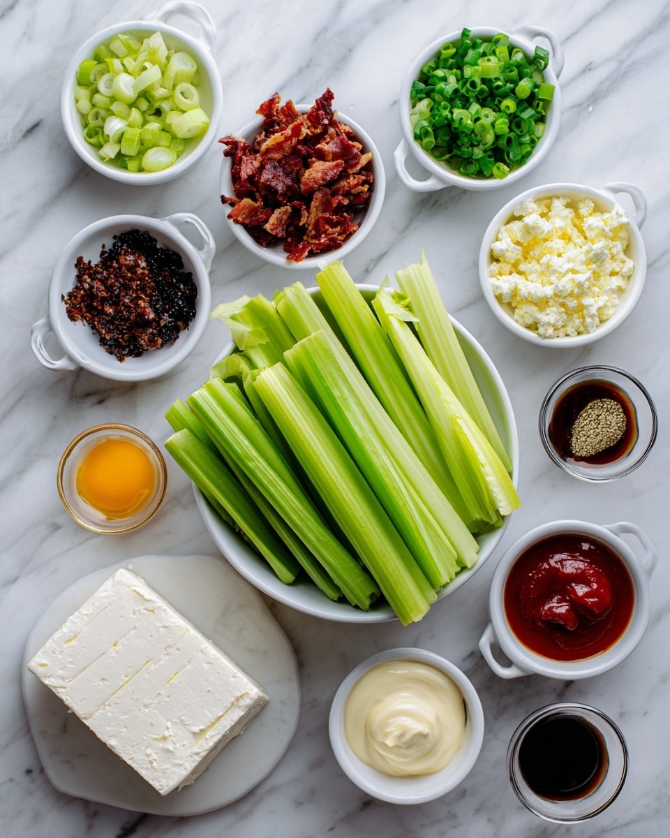 The image shows a food arrangement on a white marbled surface with nine white small bowls and one white bowl in the center. The central bowl is filled with bright green celery sticks, arranged upright and overlapping. Surrounding it clockwise from the top left are small white bowls with finely chopped green onions, crispy reddish-brown bacon bits, light yellow lemon juice, a mix of dark black pepper and brown celery salt, dark Worcestershire sauce, red Clamato juice, creamy white mayonnaise, and a small dollop of light beige horseradish. On the bottom left, beside the bowls, is a white rectangular block of cream cheese partially unwrapped, showing its smooth surface. A small bowl near the top left contains a tiny amount of orange hot sauce. The overall look is clean and organized with sharp colors and textures. Photo taken with an iphone --ar 4:5 --v 7