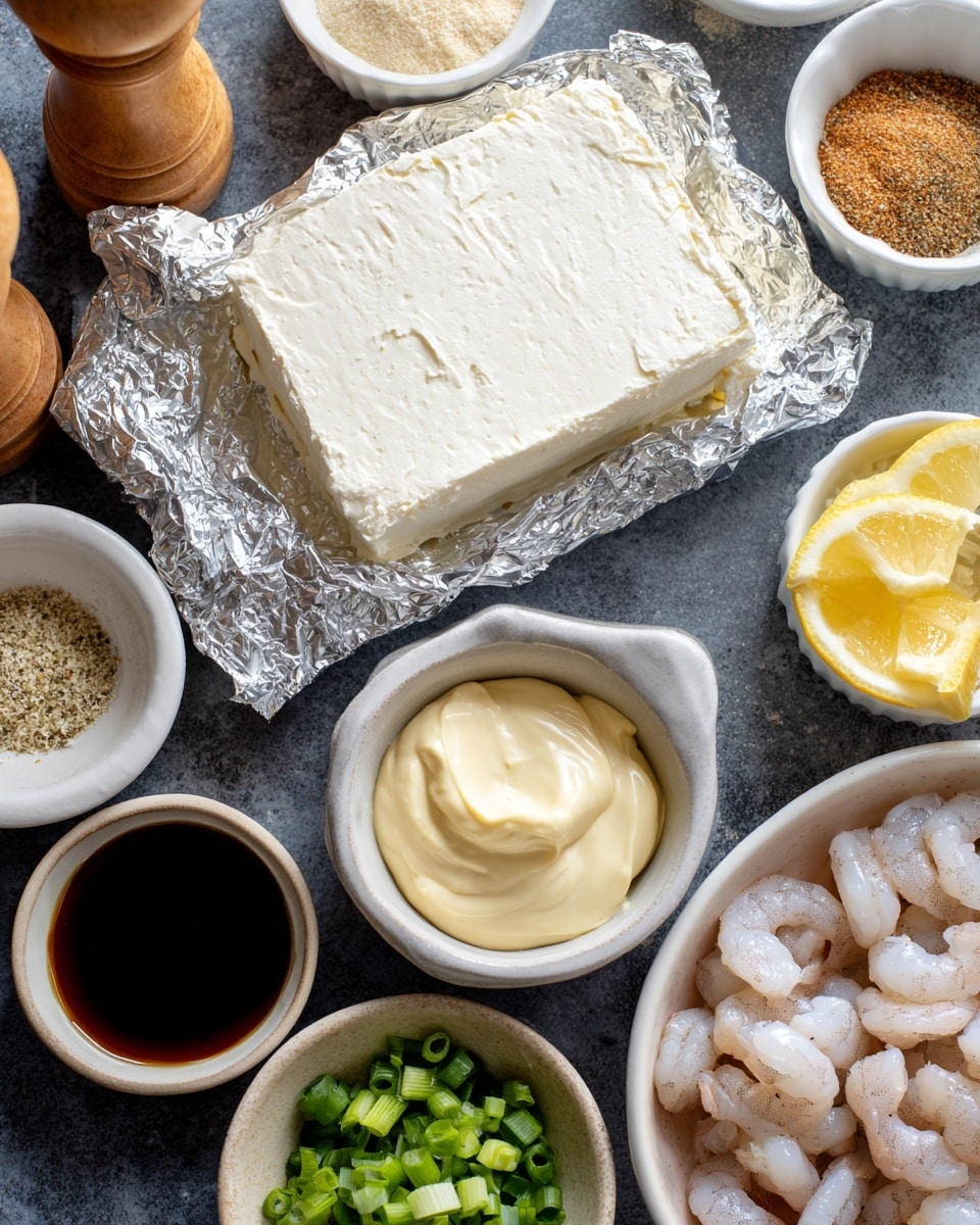 A flat block of cream cheese wrapped in silver foil sits in the upper left, showing a smooth, creamy white surface. Surrounding the cream cheese are small white bowls with various ingredients: at the top right, three powders in a white bowl—light beige onion powder, medium brown Old Bay seasoning, and creamy white garlic powder; below that, a small wooden pepper grinder labeled black pepper; in the center, a white bowl with thick, pale yellow mayonnaise; at the lower right, a white bowl holding light yellow lemon juice; bottom center, a white bowl full of small pink and white shrimp pieces; and to the right of the shrimp, a white bowl filled with bright green, chopped green onions. Near the middle left, a small white bowl contains dark brown Worcestershire sauce. The items rest on a dark gray surface. Photo taken with an iphone --ar 4:5 --v 7