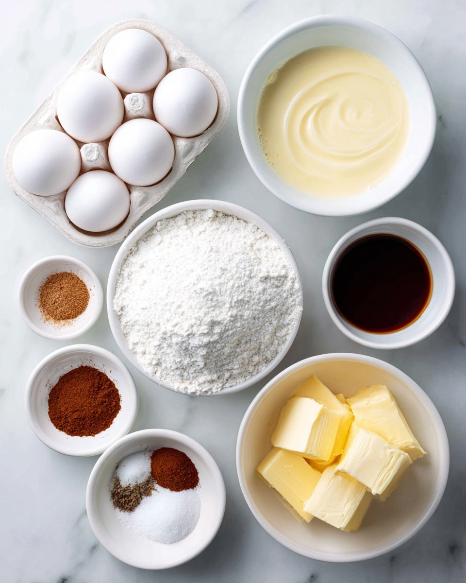 A top view of several white bowls and a white egg container arranged on a white marbled surface, containing ingredients for a recipe. The egg container holds six white eggs. To the right, a large round bowl filled with creamy yellow eggnog is placed. Below the eggs, there is a white bowl filled with white sugar. To the right of the sugar bowl, a white bowl contains bright yellow unsalted butter. Below it, a small white bowl holds dark brown vanilla extract. On the bottom left, a white bowl is full of white Bisquick flour mix. A small white bowl next to it contains three spices: cinnamon, nutmeg, and salt, separated in small piles. The labels identifying each ingredient are positioned clearly on top of each item. Photo taken with an iphone --ar 4:5 --v 7