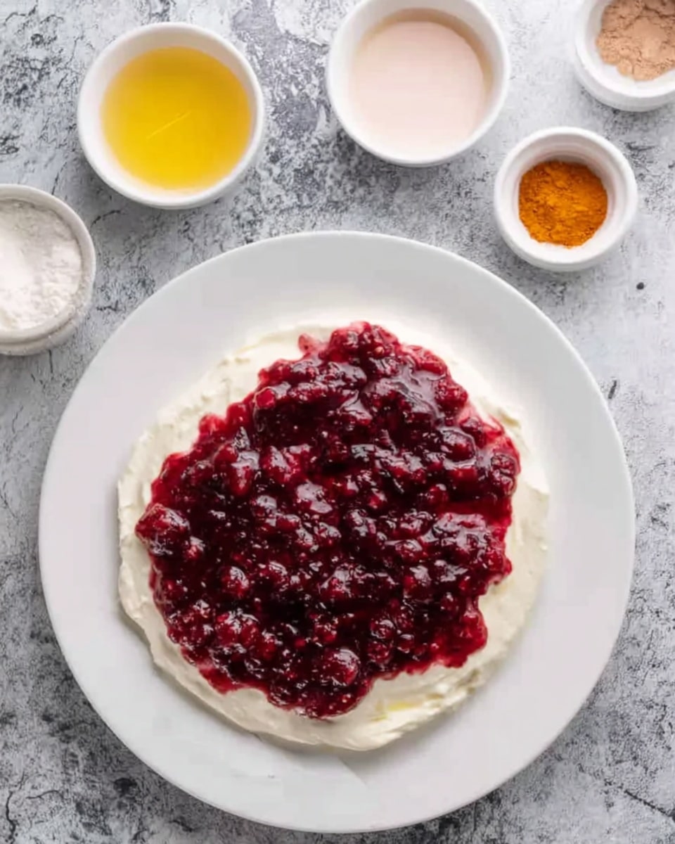 A white plate sits on a white marbled surface, holding a round base layer of smooth, creamy white spread, topped with a thick layer of dark red berry jam with visible chunks of fruit. Around the plate are small white bowls containing different ingredients, including a light yellow liquid, a pale pink liquid, a white powder, a small amount of brown powder, and an orange substance, all arranged in a loose circle. A woman's hand is touching one of the bowls in the background. Photo taken with an iphone --ar 4:5 --v 7