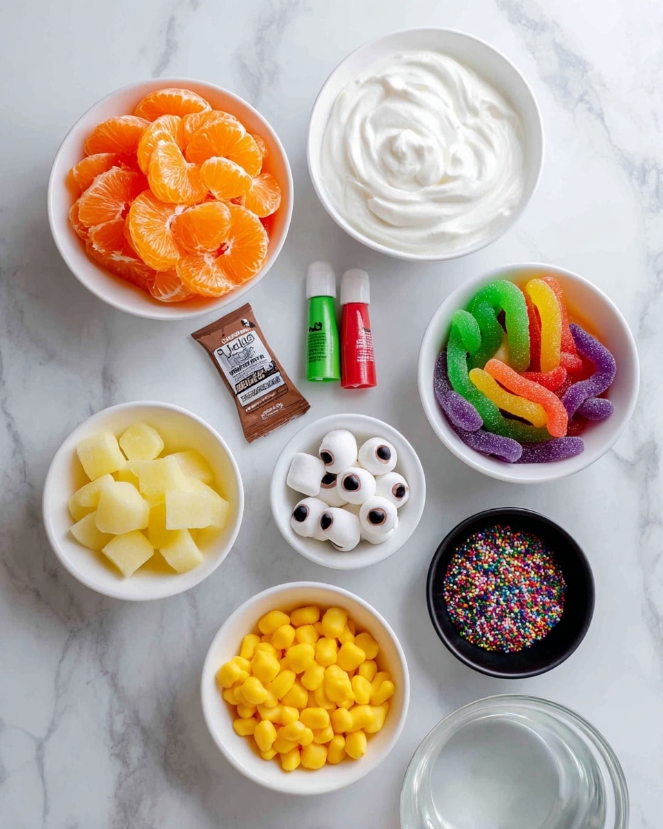 The image shows several white bowls arranged on a white marbled surface, each with different ingredients for a dessert. Starting from the top left, there is a bowl filled with bright orange mandarin orange slices. Next to it on the right, a white bowl holds smooth, creamy white Cool Whip. Below the mandarins is a bowl filled with small, round mini marshmallows in white. To the right of the marshmallows, a white bowl contains colorful gummy worms in orange, yellow, purple, and red. Next to the gummy worms are two small tubes of food coloring in red and green. Near the center, there is an unopened brown packet labeled orange Jello. Below the Jello packet is a white bowl with yellow pineapple chunks. At the bottom center is a small bowl filled with round gummy eyeballs which are white with red veins and black centers. To the right of the eyeballs, a bowl with clear water is visible. At the bottom right, a small black bowl contains Halloween-themed sprinkles in green, orange, purple, and white colors. photo taken with an iphone --ar 4:5 --v 7