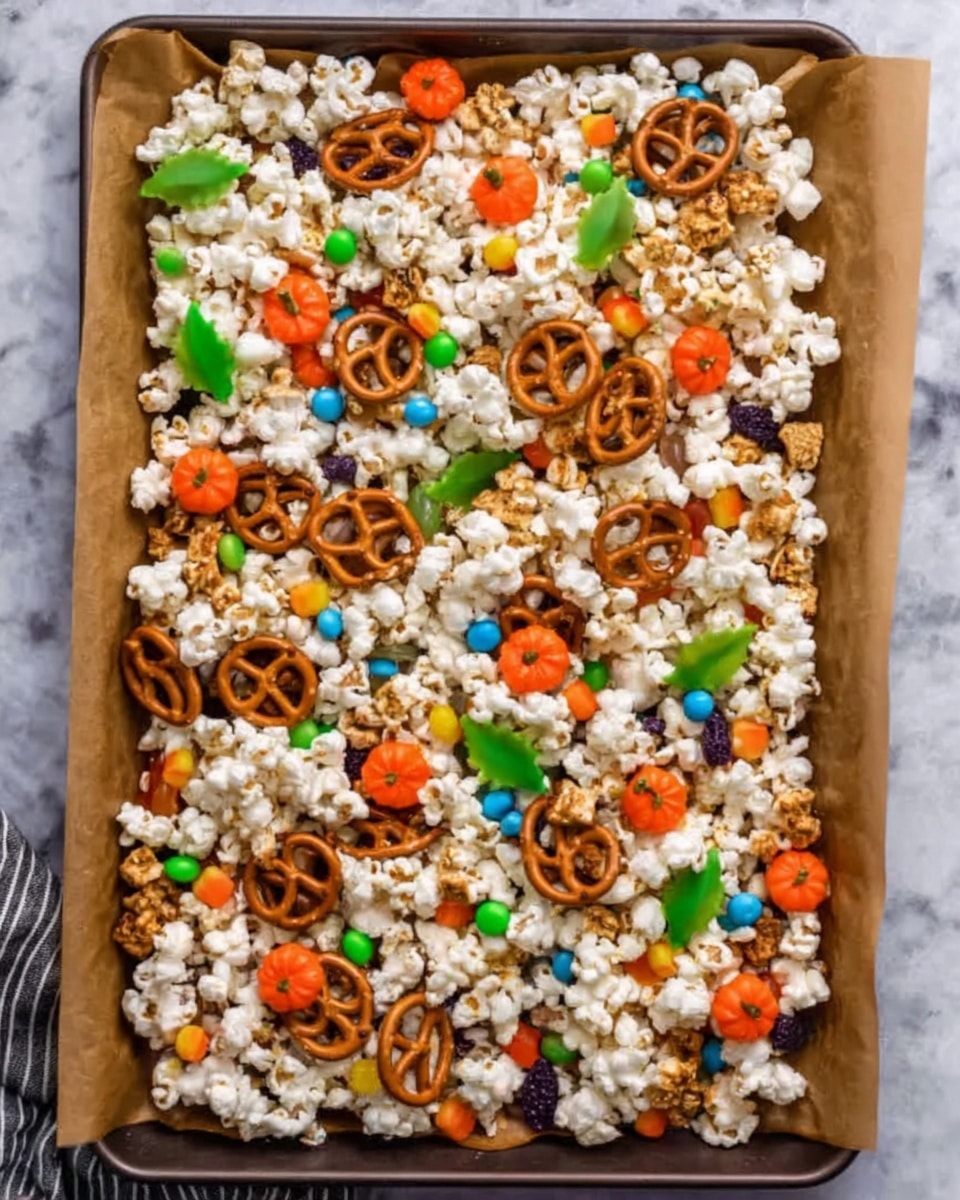 A baking tray lined with brown parchment paper filled with a mix of white popcorn, golden brown pretzels, small bright orange candy pumpkins, vivid green candy leaves, and a few scattered multicolored gummy candies in blue, yellow, and purple hues, creating a festive autumn snack mix, all sitting on a white marbled surface. Photo taken with an iphone --ar 4:5 --v 7