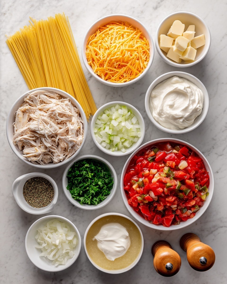 The image shows several white bowls and small containers arranged neatly on a white marbled surface, each filled with different ingredients: a bowl of long, dry yellow spaghetti on the left, shredded chicken in a white bowl next to it, shredded bright orange cheddar cheese in another white bowl above, and small chunks of pale yellow unsalted butter in a tiny white bowl nearby. Below these are diced white-yellow onion, chopped green bell pepper, creamy pale yellow chicken soup, finely chopped fresh green parsley, and a bowl of chunky red Rotel tomatoes with green and yellow bits inside. There is a small white bowl with creamy white sour cream, a smaller one with minced garlic, and another one with a mix of Italian seasoning, black and green. Two wooden salt and pepper shakers stand on the right side. All elements are neatly placed, with clear visible textures like the roughness of onions, soft shredded chicken, and smooth sour cream. Photo taken with an iphone --ar 4:5 --v 7
