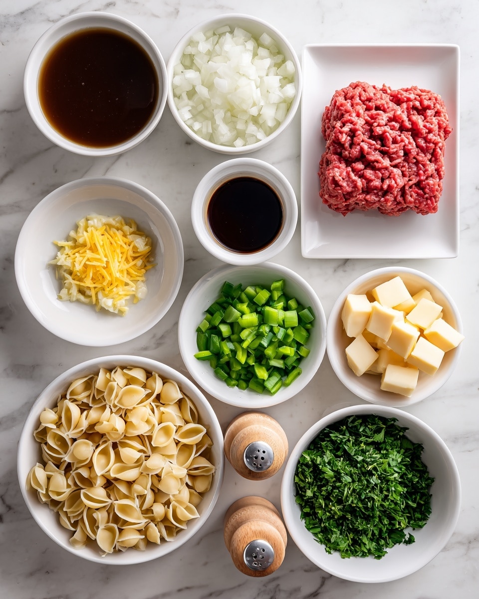 The image shows several small white bowls and a white plate arranged on a white marbled surface, each containing different cooking ingredients. On the top right, a white plate holds a rectangular block of bright red ground beef with meat strands visible. To the left of the beef is a white bowl filled with dark brown beef broth. Below the broth is a small white bowl with finely chopped yellow garlic, and next to it is a white bowl of diced green bell pepper pieces. In the center is a white bowl containing uncooked pasta shells that are light tan in color and have a smooth textured surface. Above the pasta shells is a bowl of evenly chopped white sweet onion, while to the right is a small bowl with dark brown Worcestershire sauce. A white bowl of light yellow provolone cheese cubes is placed near the right center of the frame. At the bottom right is a white bowl filled with fresh finely chopped green parsley. Two light wood salt and pepper shakers sit near the bottom center. All ingredients are cleanly arranged with labels on each for clear identification photo taken with an iphone --ar 4:5 --v 7