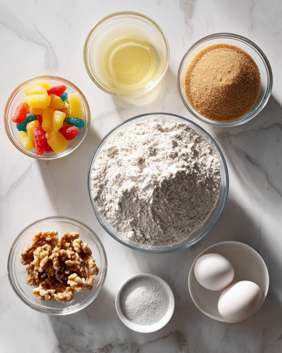 The image shows six clear glass bowls and one white bowl on a white marbled surface, each filled with different baking ingredients. The largest bowl in the center holds a light white powder labeled