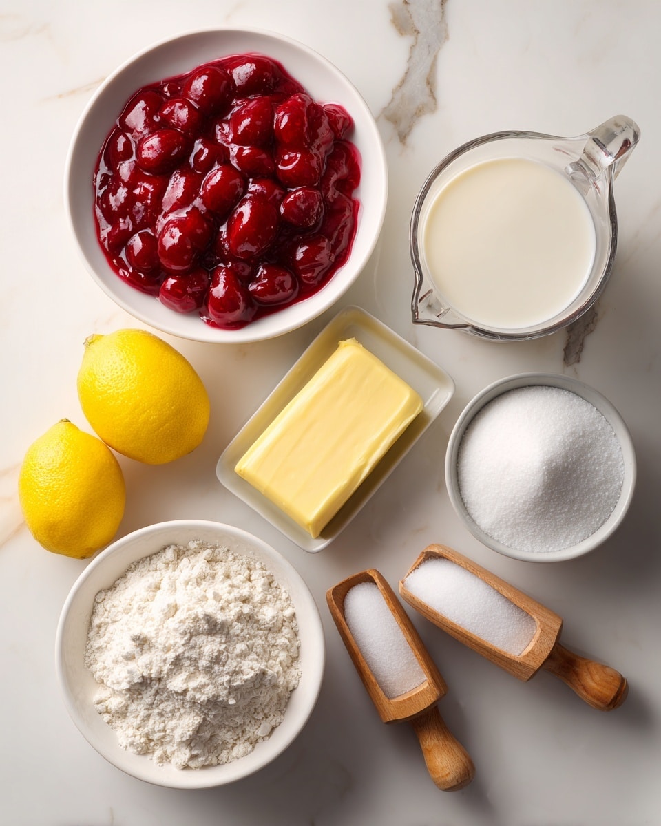The image shows several ingredients placed neatly on a white marbled surface. At the top left, there is a white bowl filled with bright red cherry pie filling. To the right, there is a clear glass measuring cup filled with white milk. Below the cherry pie filling and milk, two small wooden scoops hold white baking powder and salt. In the middle, there is a yellow stick of unsalted butter lying flat. Below the butter, a white bowl filled with white flour sits towards the center. To the bottom left, there are two bright yellow lemons, and on the bottom right, a white bowl filled with white sugar completes the arrangement. The overall setting is clean, bright, and organized, with each ingredient clearly visible and evenly spaced. photo taken with an iphone --ar 4:5 --v 7