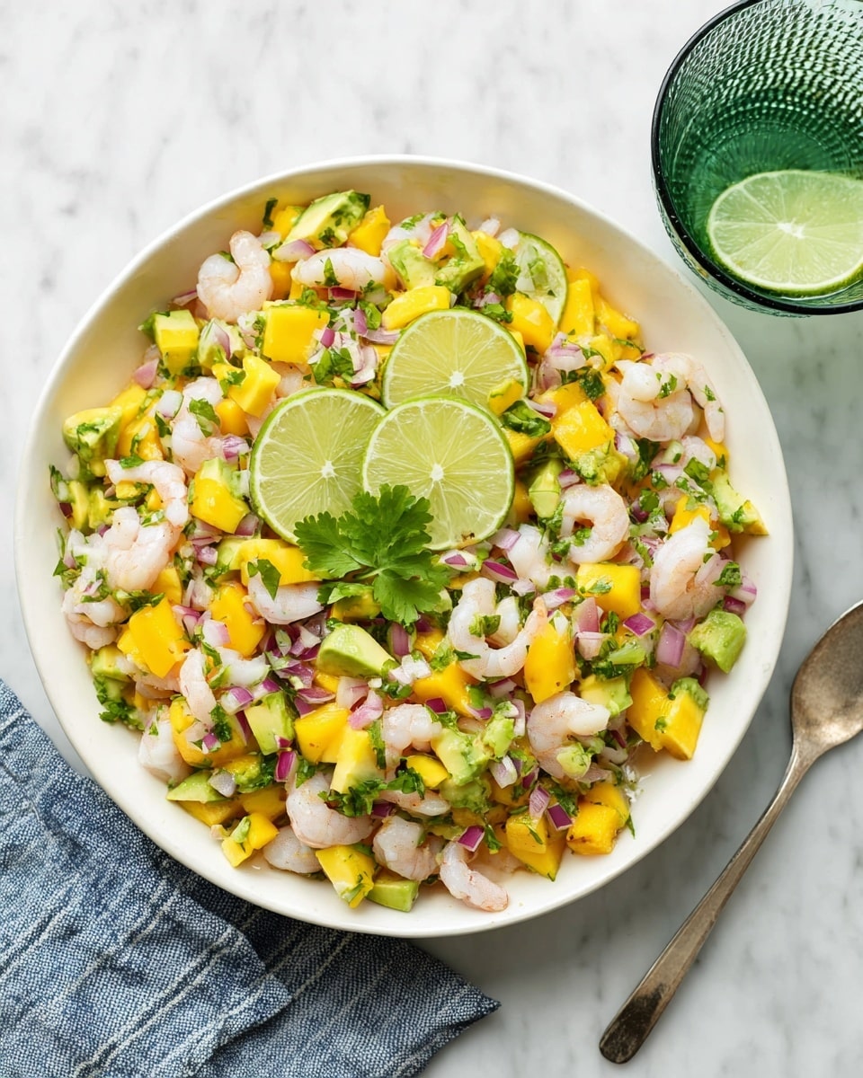 A white bowl filled with a colorful mix of small shrimp pieces, bright yellow mango chunks, light green avocado cubes, finely chopped red onion, green celery, and fresh cilantro leaves, all evenly mixed. Three thin lime slices with a small cilantro leaf on top sit in the center as a garnish. The bowl sits on a white marbled surface next to a folded blue and white striped cloth, with a green textured glass of water placed further to the right. photo taken with an iphone --ar 4:5 --v 7
