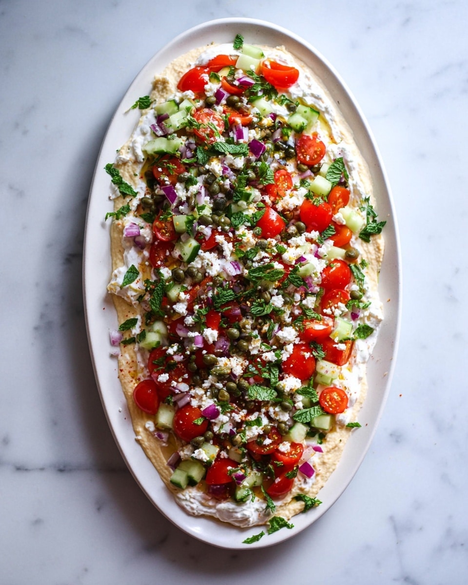 The dish is served on a large white oval plate placed on a white marbled surface. The bottom layer is a smooth, pale beige spread, likely hummus, evenly covering the plate. On top of that is a thick layer of white creamy sauce spread broadly. Scattered over the creamy layer are small chopped green cucumber pieces and finely diced light purple onion. Bright red halved cherry tomatoes are spread evenly across the top, adding vibrant color. Small dark green capers are sprinkled generously, along with white crumbly cheese. Finally, fresh green mint leaves, roughly chopped, are scattered all over, giving a fresh, textured look. photo taken with an iphone --ar 4:5 --v 7