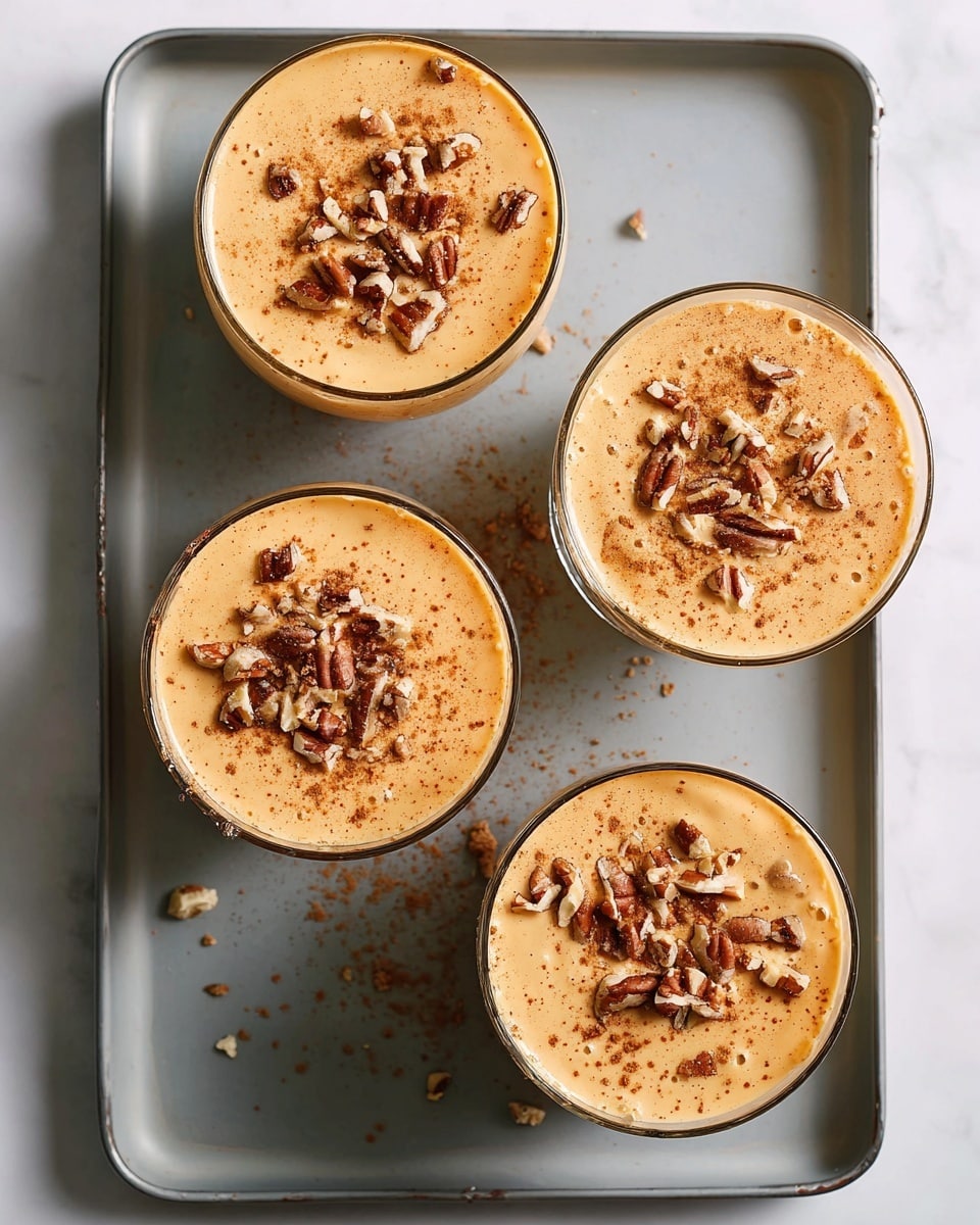 Four clear glass cups filled with a smooth light orange creamy dessert, each topped with scattered small pieces of brown pecans and a light dusting of cinnamon. The cups are placed on a light gray tray with small crumbs and spots around them. The creamy dessert surface has a slightly frothy texture. The gray tray sits on a white marbled texture background. photo taken with an iphone --ar 4:5 --v 7