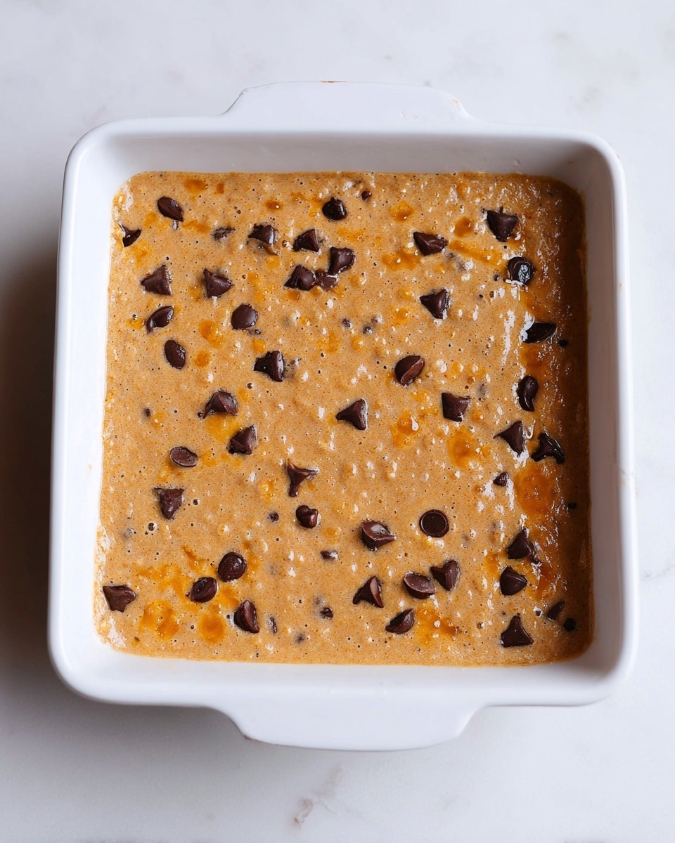 A square white baking dish filled with one thick layer of light brown batter that has a slightly bubbly texture, mixed with small orange bits and scattered with dark chocolate chips on the top. The dish is placed on a white marbled surface. Photo taken with an iphone --ar 4:5 --v 7