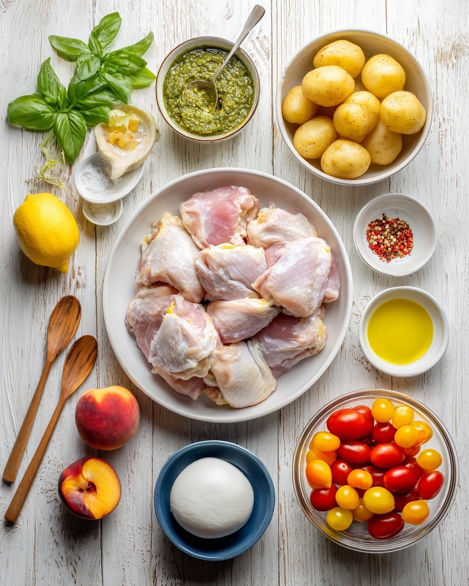The image shows several ingredients arranged neatly on a wooden table with a white marbled texture. At the center is a white bowl filled with raw chicken thighs, pale pink with white fat. Above it, there is a white bowl of gold potatoes, their smooth, light yellow skin glowing softly. Surrounding these main bowls are smaller white bowls and containers with various ingredients: a bowl of green basil pesto at the top center, a small bowl with yellow olive oil to the right of the potatoes, and a white bowl with Italian seasoning and red pepper flakes above a clear plastic container of colorful cherry tomatoes (red, yellow, and orange) on the right side. Below the chicken thighs is a blue bowl holding a smooth white ball of mozzarella cheese. On the left side, there are fresh basil leaves, a bright yellow lemon, three red peaches, and two small wooden spoons, one holding salt and the other pepper. The background is the white marbled texture with light wooden edges. photo taken with an iphone --ar 4:5 --v 7