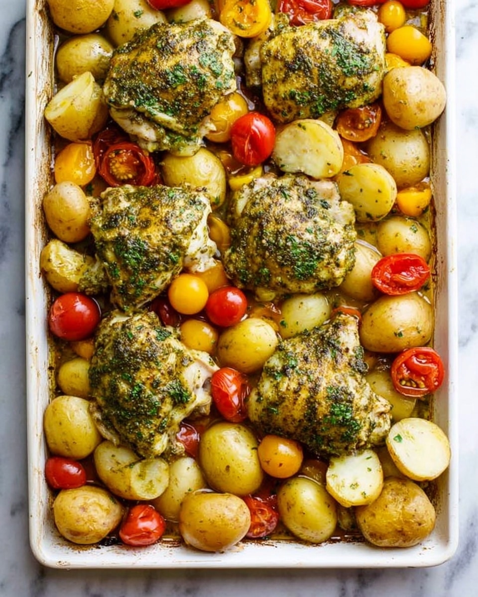 The image shows a white baking tray filled with six pieces of cooked chicken thighs on top. The chicken is coated with a green herb sauce giving it a textured, leafy look. Under and around the chicken pieces, there are halved small yellow potatoes with a soft, roasted texture, mixed with bright red, yellow, and green small oval tomatoes scattered evenly across the tray. The tray rests on a white marbled surface. photo taken with an iphone --ar 4:5 --v 7