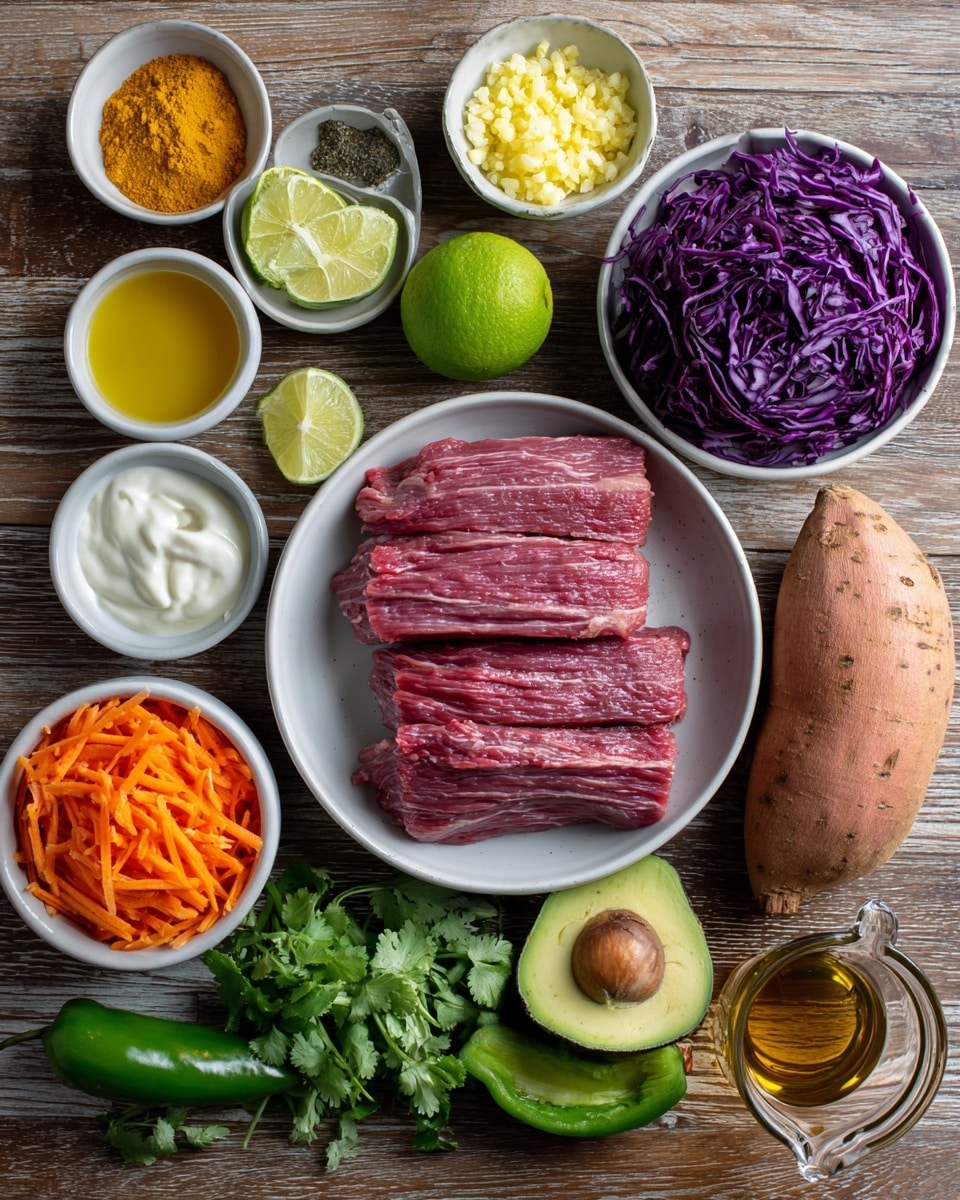The image shows various ingredients placed on a wooden table arranged neatly. In the center is a white bowl with two layers of raw flank steak, pink with white marbling. Above it is a bright green lime and a small bowl of minced garlic, creamy yellow in color. To the right is a white bowl filled with deep purple shredded red cabbage, next to a whole sweet potato with orange-brown skin. Below the sweet potato are two small white bowls with light mayo and Greek yogurt, both creamy white textures. Near the bottom left, a white bowl holds shredded carrots, bright orange and thinly cut. A dark green avocado lies nearby along with fresh green cilantro sprigs. To the left are small white containers with golden honey, light brown Dijon mustard, bright yellow avocado oil, and olive oil. A green jalapeño is between the oils and the lime. At the bottom right is a glass measuring cup holding a brown marinade. The background is a white marbled texture. Photo taken with an iphone --ar 4:5 --v 7