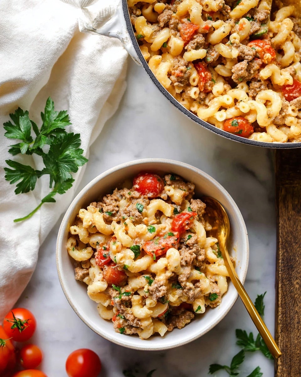 A close-up view of a dish showing two layers: the bottom layer is a white round bowl filled with elbow macaroni pasta in a creamy sauce mixed with ground meat and sliced cherry tomatoes, topped with small bits of green herbs for garnish; beside it, a white pot containing more of the same pasta mix, with visible textures of soft pasta, browned meat, and juicy tomatoes scattered throughout. Around the bowls, there are some loose parsley leaves, whole cherry tomatoes, and a soft white cloth on a white marbled surface. A golden spoon rests inside the bowl. Photo taken with an iphone --ar 4:5 --v 7
