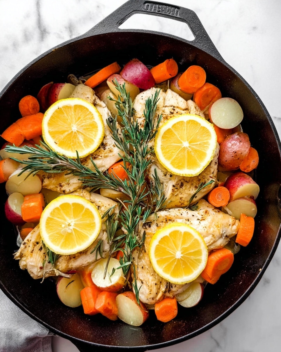 A black cast iron pan holds a layered dish starting with several pieces of cooked chicken that have a light golden color and seasoned texture, placed evenly in the pan. On top of the chicken, bright orange carrot slices and small pieces of red and white potatoes are scattered throughout. Three thick, round lemon slices rest on top of the chicken, adding a fresh yellow pop of color. Sprigs of green rosemary are placed decoratively around the dish. The pan sits on a white marbled surface, enhancing the bright colors of the ingredients. photo taken with an iphone --ar 4:5 --v 7