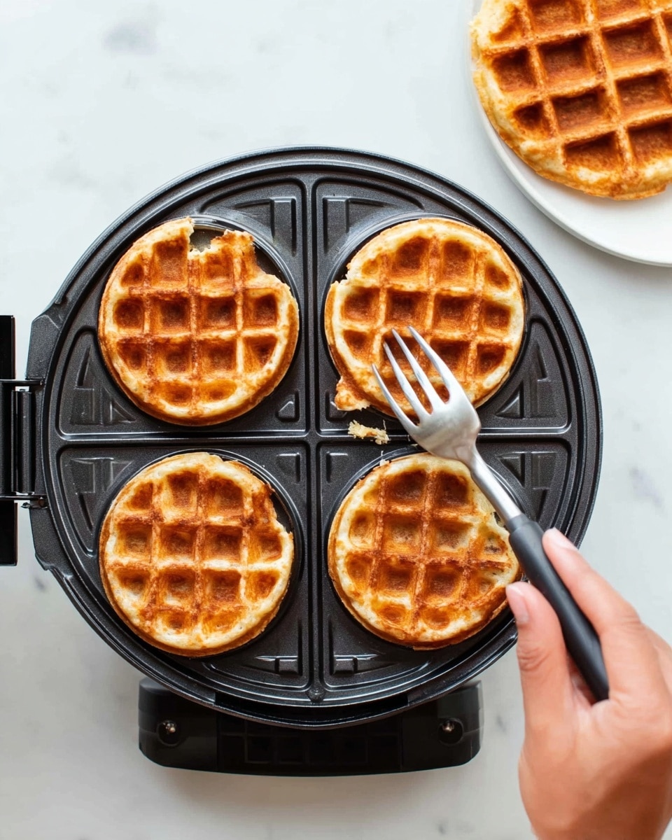 The image shows a close-up of a waffle maker with four circular sections, three of which contain golden brown waffles with a crisp texture and square grid pattern. One waffle section is empty, showing the black non-stick surface with the same grid pattern. A woman's hand holds a fork poised to lift one of the waffles, with a small piece of batter stuck on the edge of the bottom left waffle. The waffle maker sits on a white marbled surface with one more waffle partially visible in the top right corner on the same surface. Photo taken with an iphone --ar 4:5 --v 7