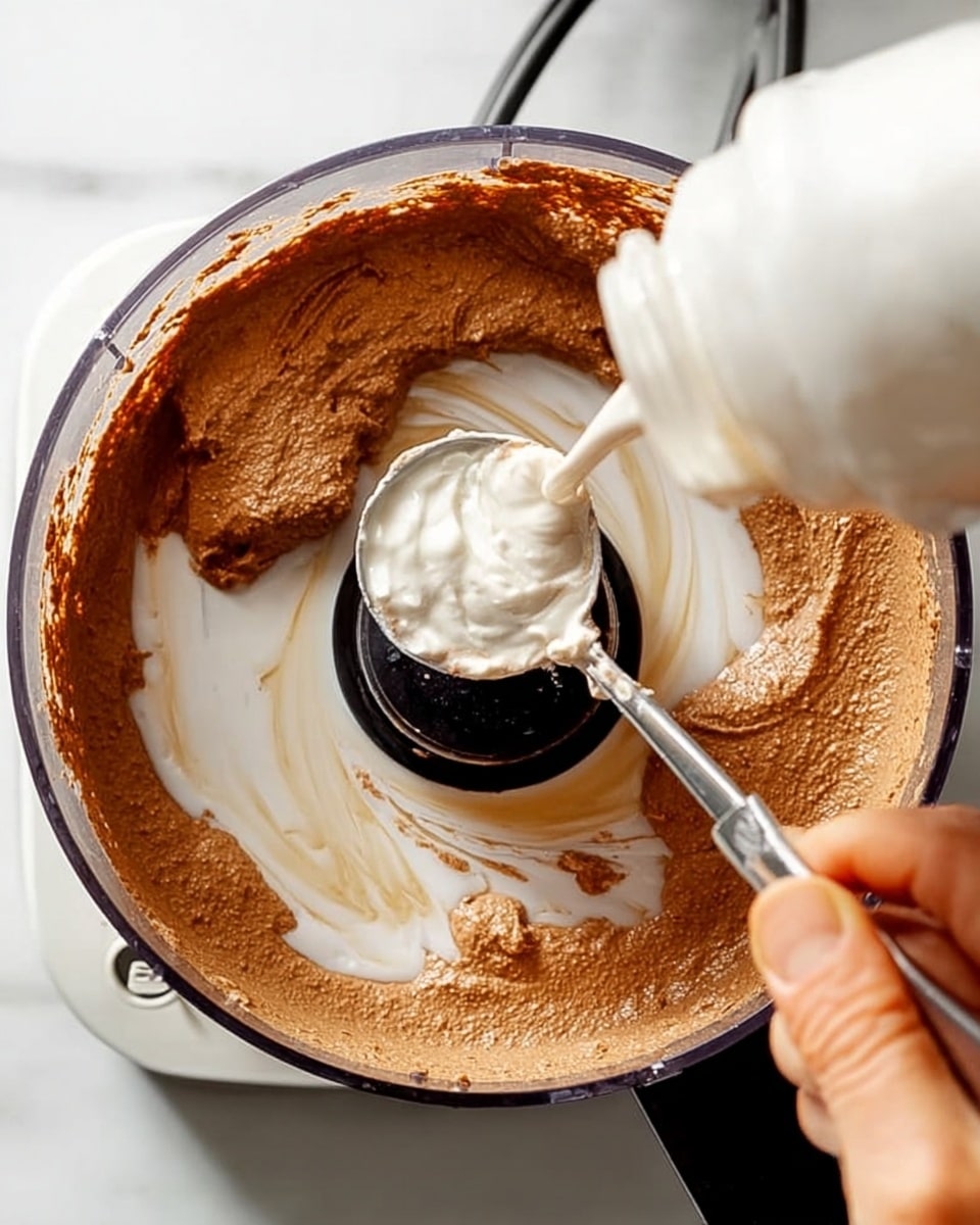 The image shows a close-up top view of a food processor with thick brown mixture spread unevenly around the sides, forming the first layer. The mixture has a rich, smooth appearance with some patches showing the base of the processor. Inside the food processor, a swirl of white liquid is being poured from a white bottle, creating a second layer on top of the brown mixture. A woman's hand holds a metal measuring spoon filled with this white liquid, positioned just above the processor bowl. The background is a white marbled texture, and the overall scene is brightly lit, highlighting the contrast between the dark brown mixture and the white liquid. Photo taken with an iphone --ar 4:5 --v 7