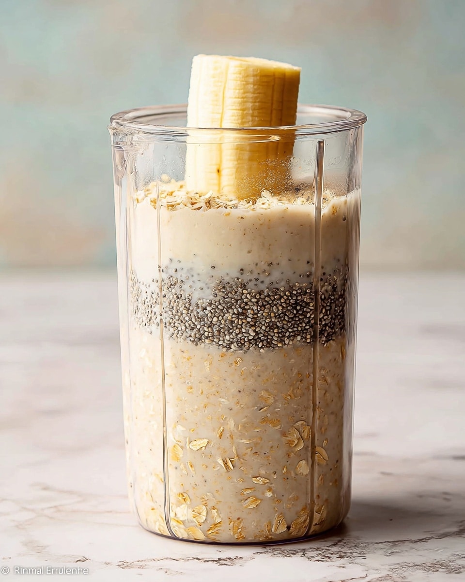 A clear plastic blender cup filled with three visible layers: the bottom layer is creamy and light beige oats with milk, above that a thin layer of light beige powder, then small black chia seeds scattered over the powder, and on top a half peeled banana standing vertically with its yellow flesh showing; the blender cup sits on a worn, light blue wooden surface with a white marbled background behind. Photo taken with an iphone --ar 4:5 --v 7