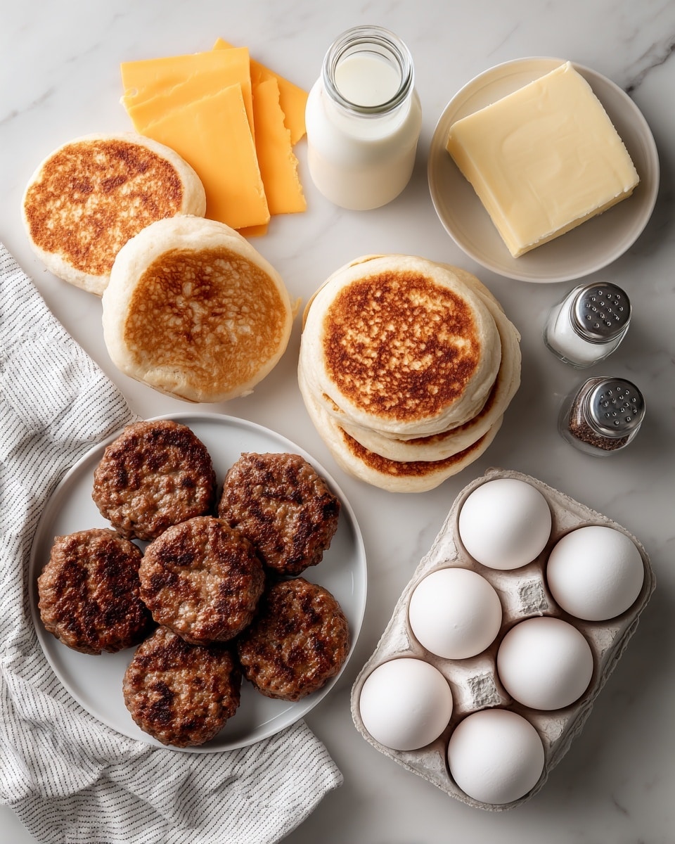 The image shows ingredients arranged neatly on a white marbled surface. On the bottom left, there is a round white plate with six cooked sausage patties, each browned and textured with a slightly uneven surface. To the top left of the sausage, there are two toasted English muffins stacked slightly overlapping, with a golden brown toasted top. To the right of the English muffins, four more are stacked in a pile with visible toasted tops. Above the sausages and muffins, there is a small round white plate holding two square pieces of pale yellow butter. Just left of the butter plate is a small clear glass bottle with white liquid, likely milk. Towards the top right, an open tray contains eight whole white eggs arranged in two rows of four. Just left of the eggs, there are clear salt and pepper shakers, the salt is white and the pepper is black. At the top left corner, four slices of bright orange cheese lay stacked. A white and grey striped towel is partially visible on the left side. Photo taken with an iphone --ar 4:5 --v 7