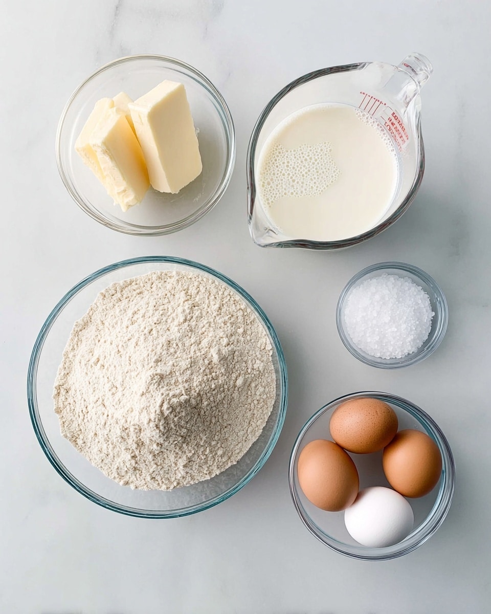 The image shows five clear glass containers placed on a white marbled surface. The largest bowl at the bottom left holds a heap of light beige flour with a slightly grainy texture. To the bottom right, a smaller bowl contains four eggs, two brown and two white, with smooth shells. At the top center, a glass measuring cup is filled with a creamy white liquid, likely milk, showing subtle bubbles. To the top left, a small bowl holds three pale yellow butter slices with smooth edges. Finally, a tiny bowl at the top right contains fine white salt. All items are neatly arranged giving a simple, clean look photo taken with an iphone --ar 4:5 --v 7