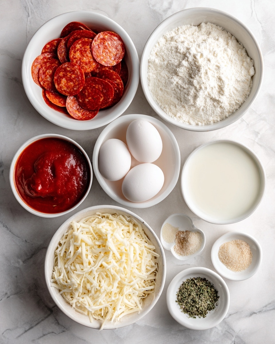 A top view of several small white bowls arranged on a white marbled surface, each bowl holding different ingredients: one bowl is filled with small, round pepperoni slices in a bright red color; another contains a thick, smooth, dark red tomato sauce; a bowl with fluffy white flour filling it nearly to the top; a bowl with shredded pale yellow cheese underneath the flour bowl; two white eggs rest in a small white bowl; a white bowl holds milk with a smooth, bright white surface; a tiny white bowl with dry green herbs; and another tiny white bowl with light brown garlic powder. The arrangement is neat and balanced, showing different textures and colors of the ingredients clearly, photo taken with an iphone --ar 4:5 --v 7