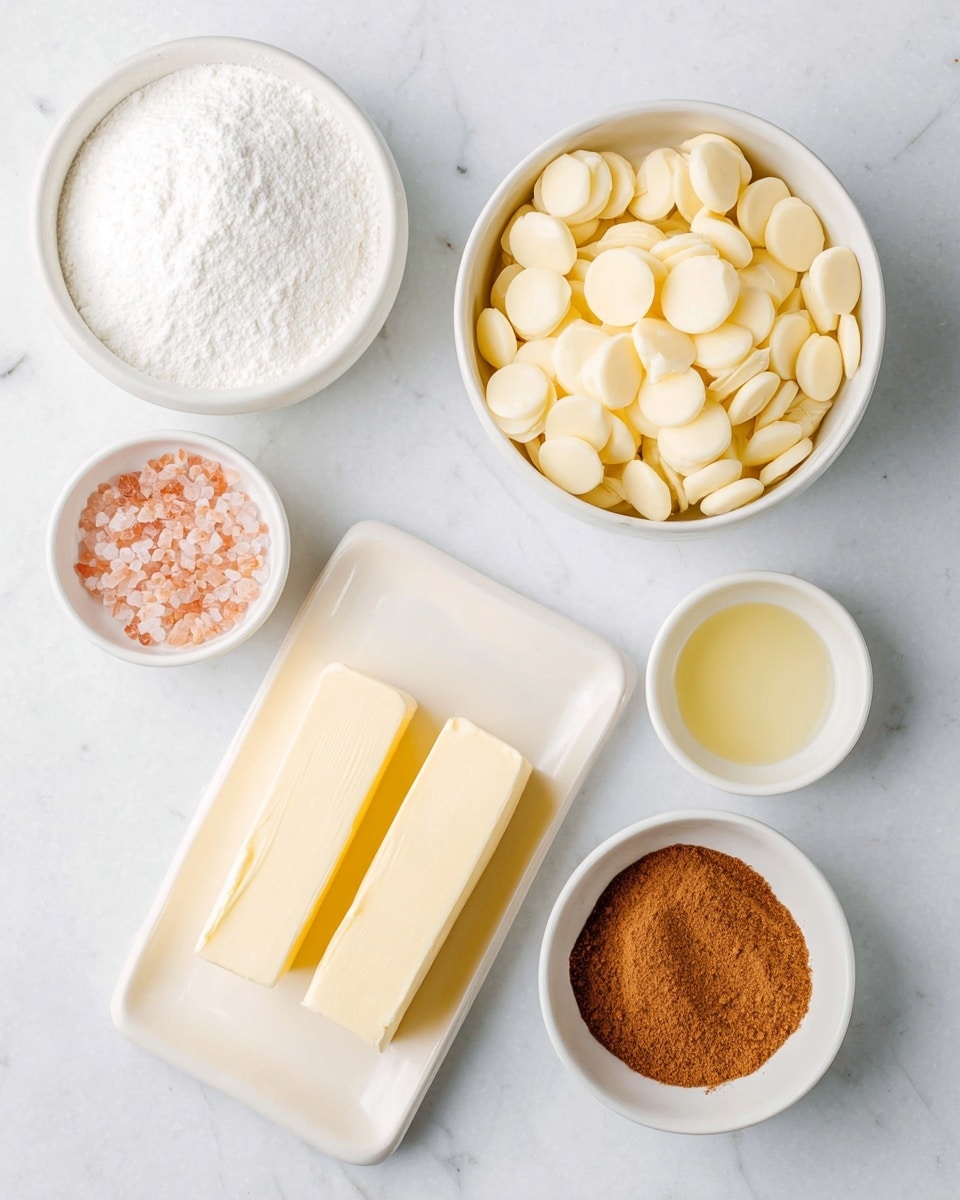 The image shows six white bowls and dishes arranged on a white marbled surface. The top left bowl contains a fine white powder, likely sugar, filled evenly to the top. To the right, there is a larger bowl full of light beige small round discs, which look smooth and slightly shiny. Below the sugar, a rectangular dish holds two sticks of pale yellow butter with smooth surfaces and sharp edges. Next to it, on the bottom left, is a small bowl filled with coarse pink salt crystals. To the right of the salt, a small bowl holds a clear pale yellow liquid, likely oil or vanilla. Finally, on the bottom right, there is a bowl with a pile of warm brown powder, possibly cinnamon, with a slightly rough texture. photo taken with an iphone --ar 4:5 --v 7