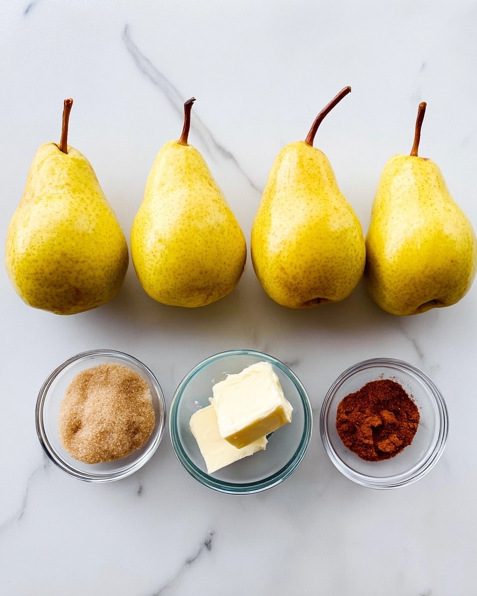 The image shows four whole yellow pears with brown stems, lined up horizontally on a white marbled surface. Below the pears, there are three small clear glass bowls arranged in a row. The left bowl contains light brown sugar, the middle bowl holds a piece of white butter, and the right bowl has a reddish-brown powdered spice. The overall setting is clean and simple with the ingredients evenly spaced in a neat layout. photo taken with an iphone --ar 4:5 --v 7